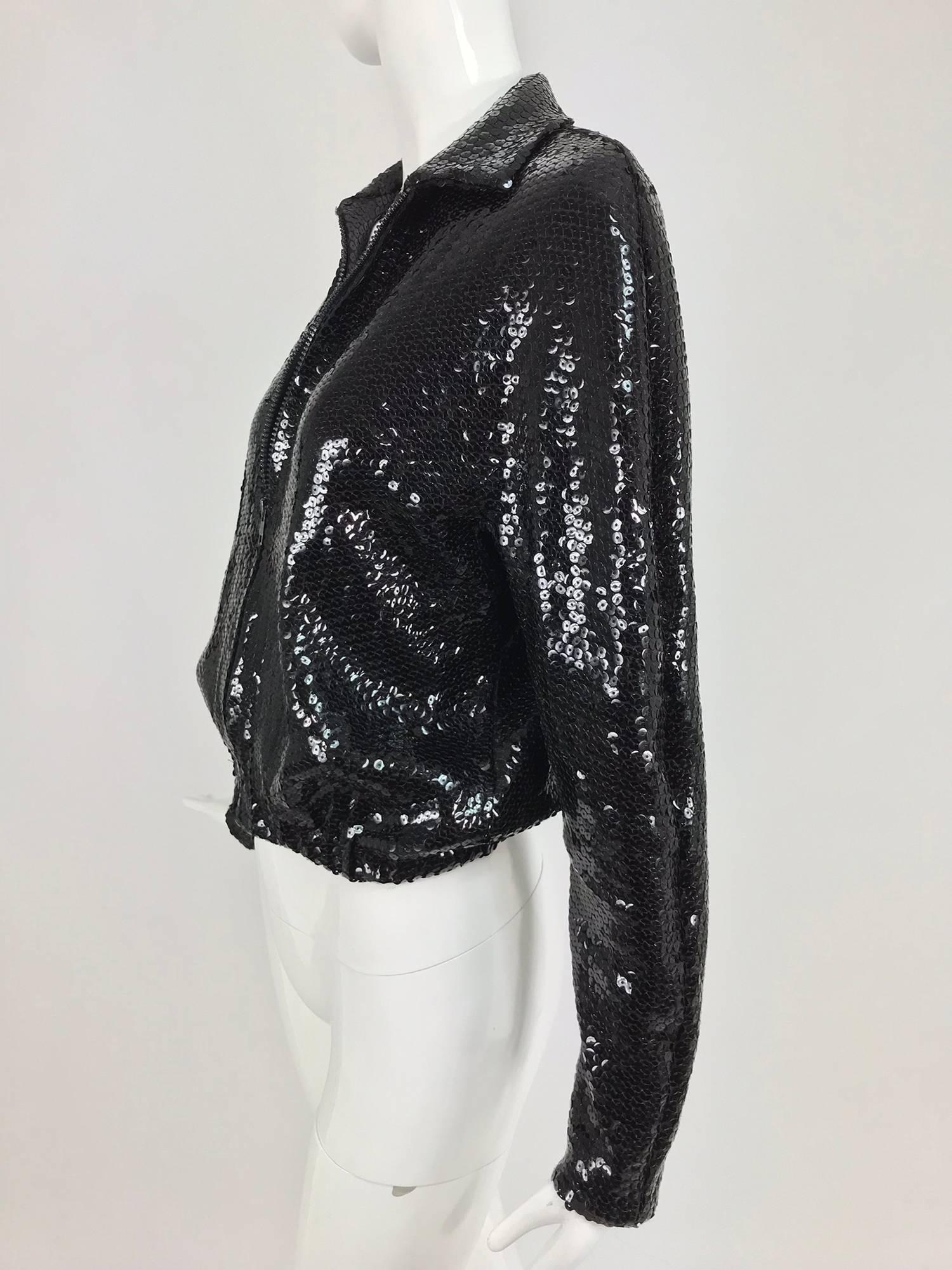 Halston black sequin zip front cropped jacket, 1970s In Excellent Condition In West Palm Beach, FL
