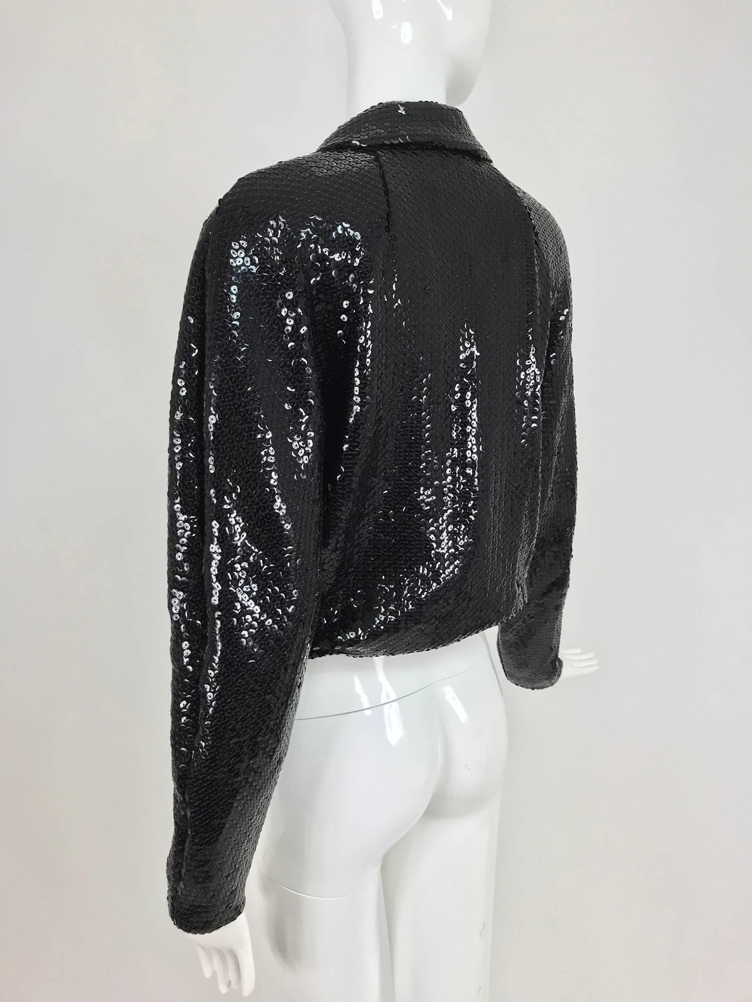 Halston black sequin zip front cropped jacket, 1970s 2