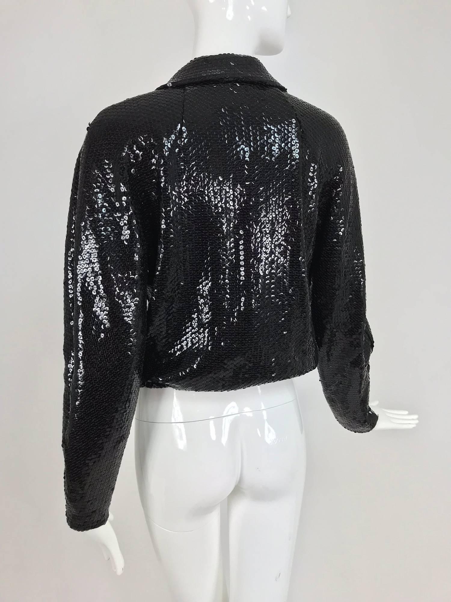 Halston black sequin zip front cropped jacket, 1970s 3