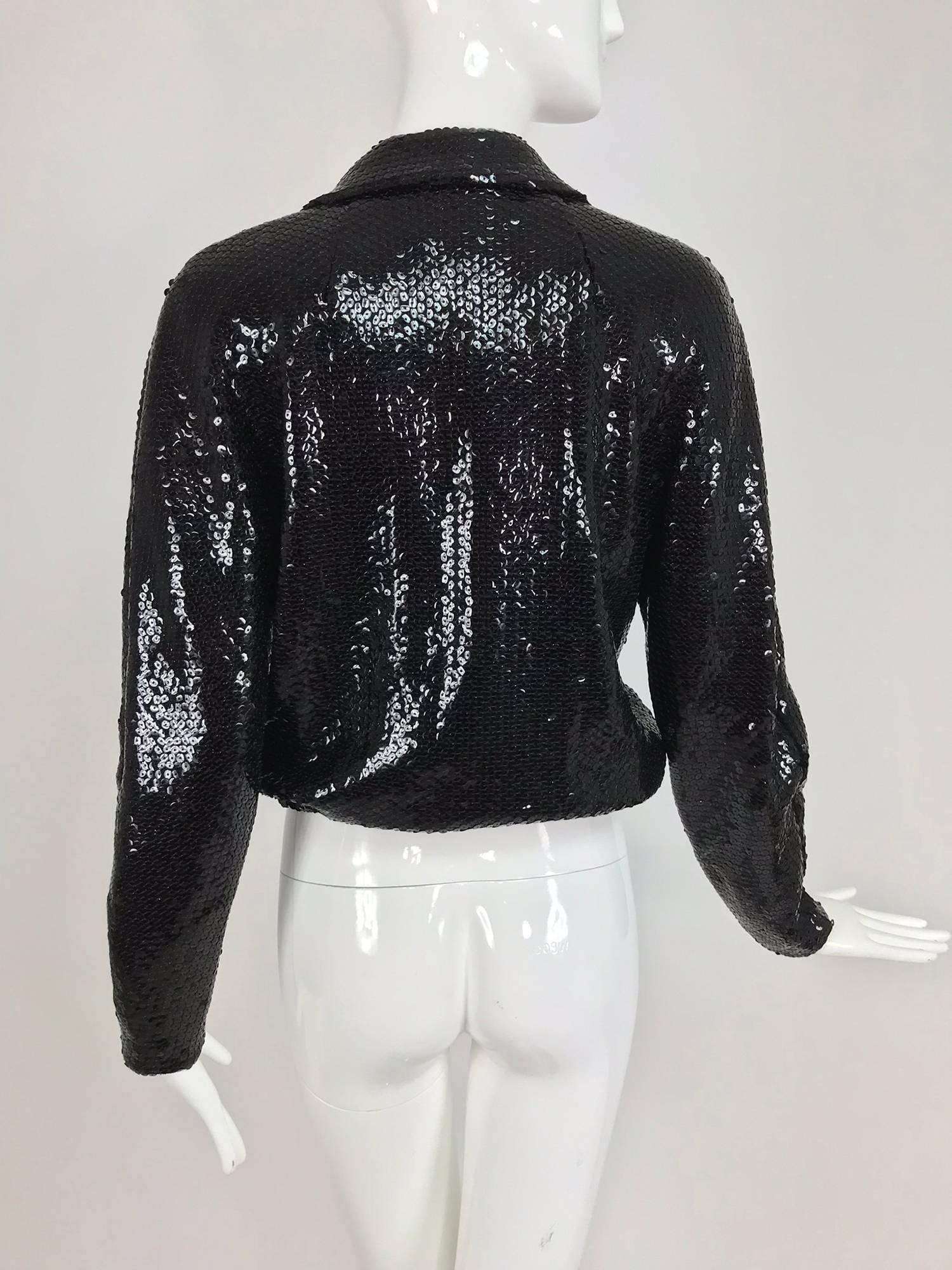 Halston black sequin zip front cropped jacket, 1970s 4