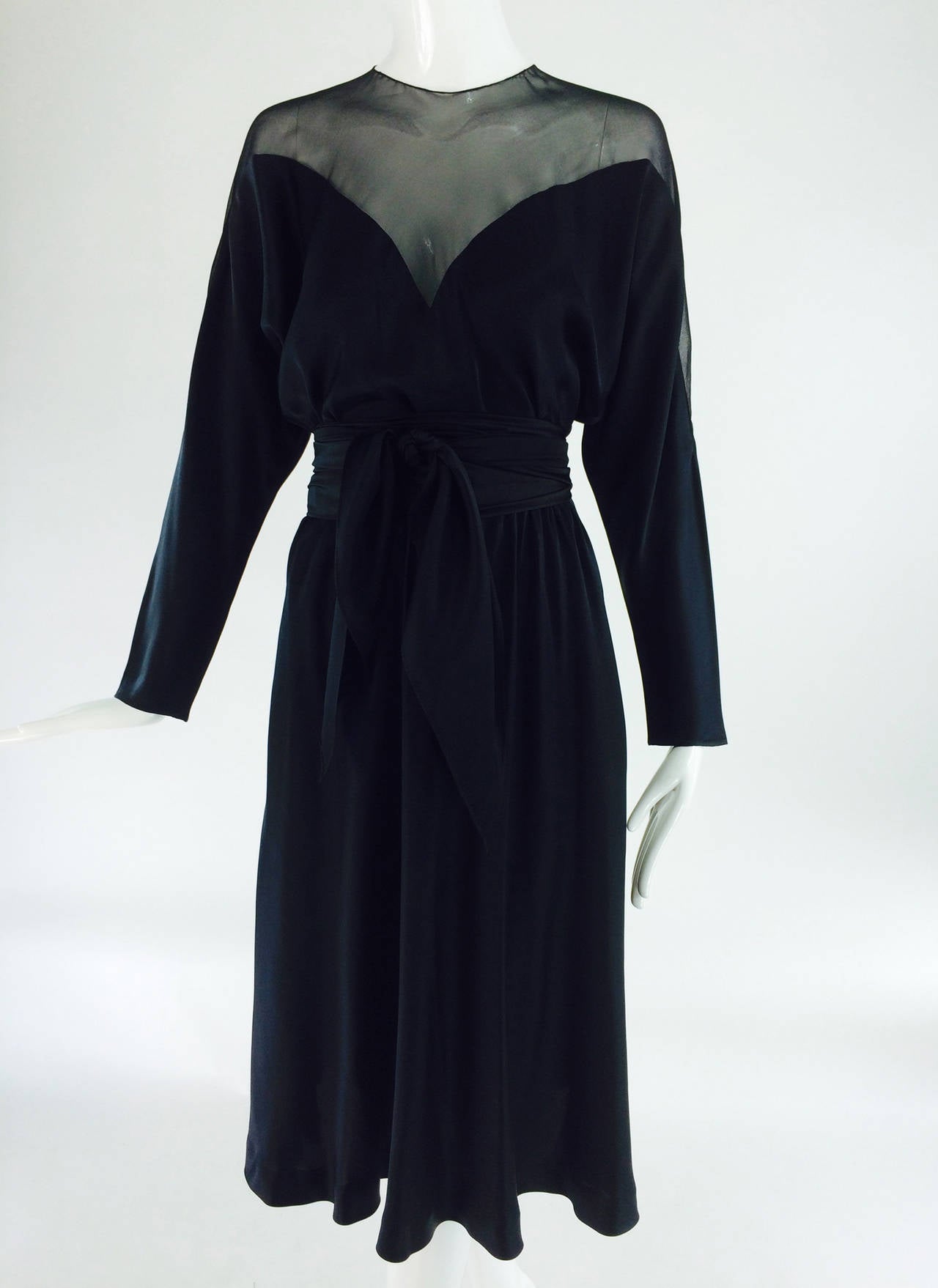 Halston black silk and chiffon silk bias cut cocktail dress 1970s 5