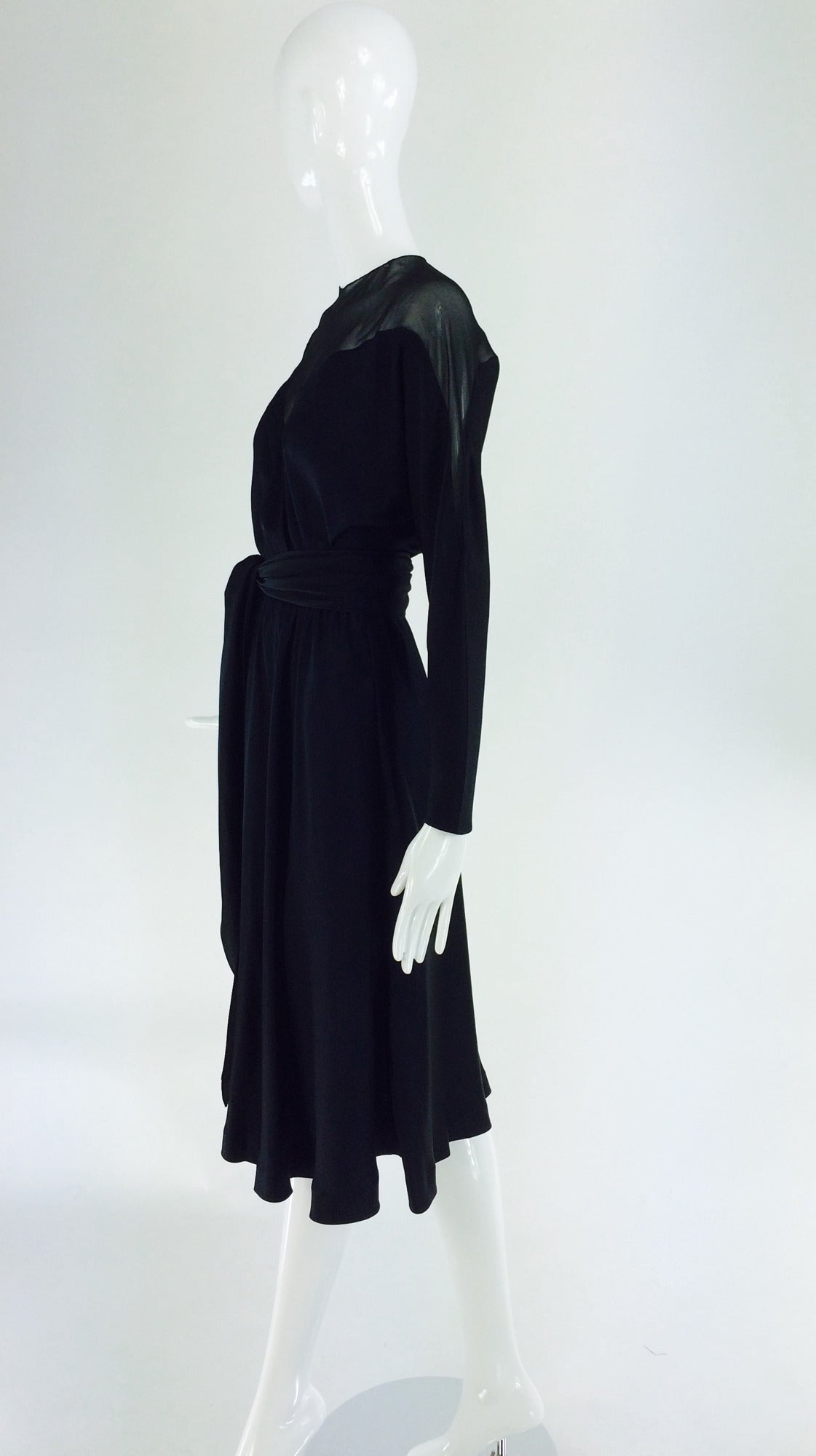 Black Halston black silk and chiffon silk bias cut cocktail dress 1970s