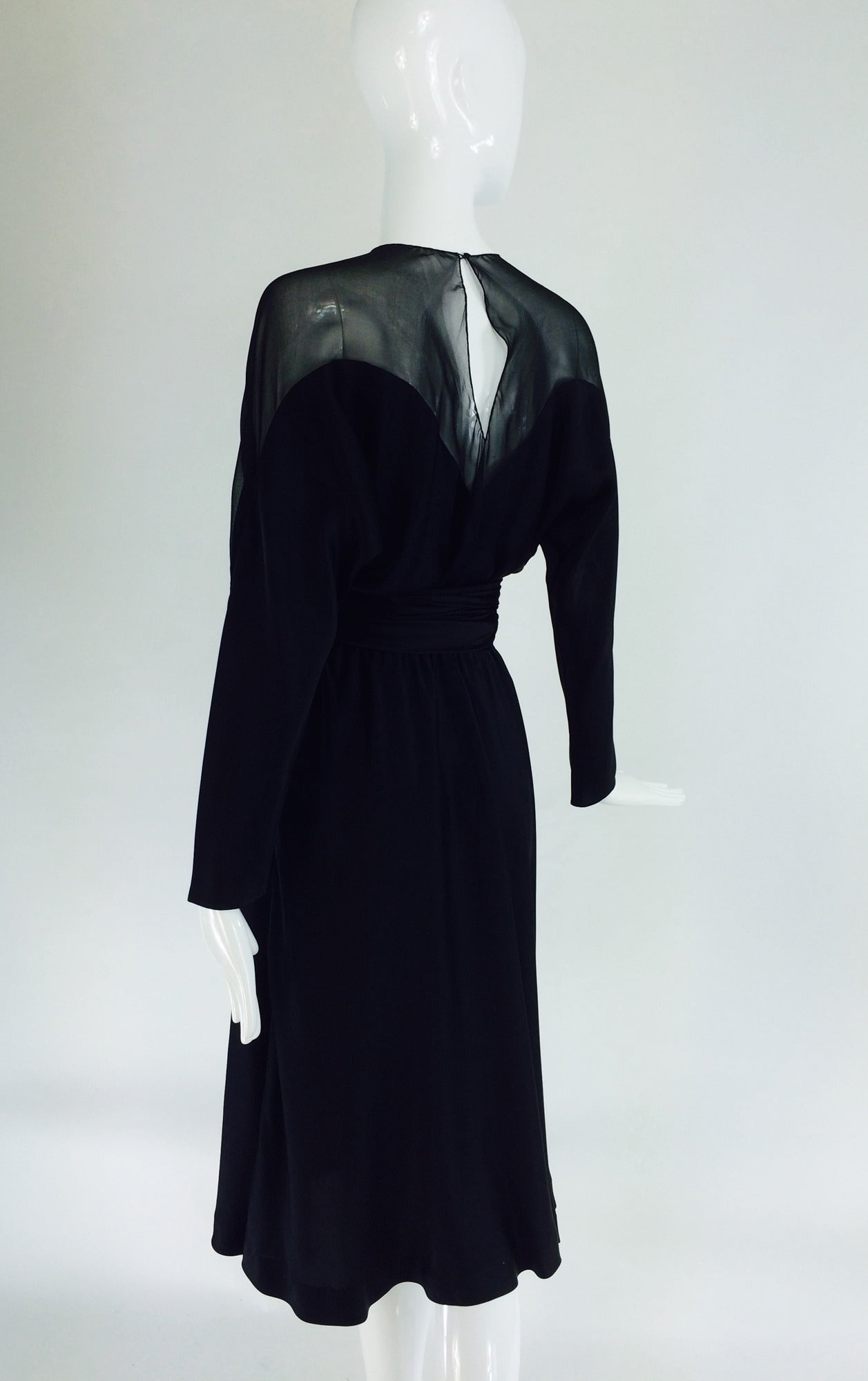 Women's Halston black silk and chiffon silk bias cut cocktail dress 1970s