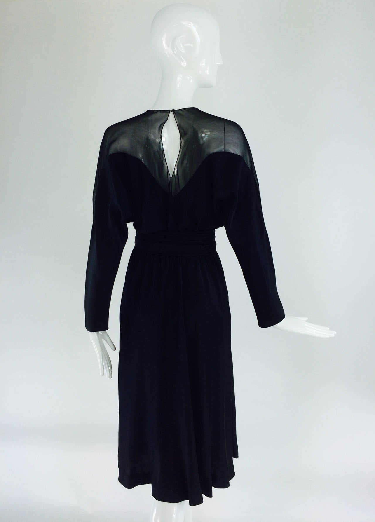 Halston black silk and chiffon silk bias cut cocktail dress 1970s 1