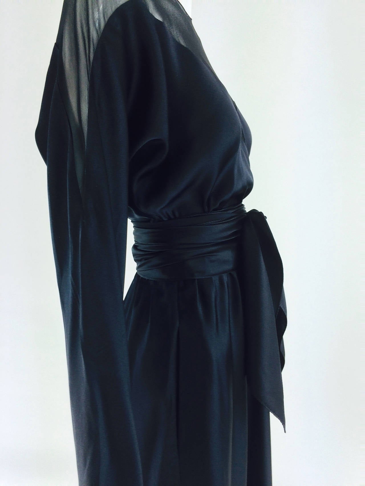 Halston black silk and chiffon silk bias cut cocktail dress 1970s 3