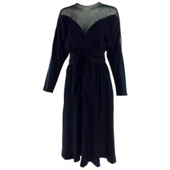 Halston black silk and chiffon silk bias cut cocktail dress 1970s