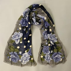 Sciarpa in seta Halston Blue Greene & Greene White Polka Dot Floral Roses