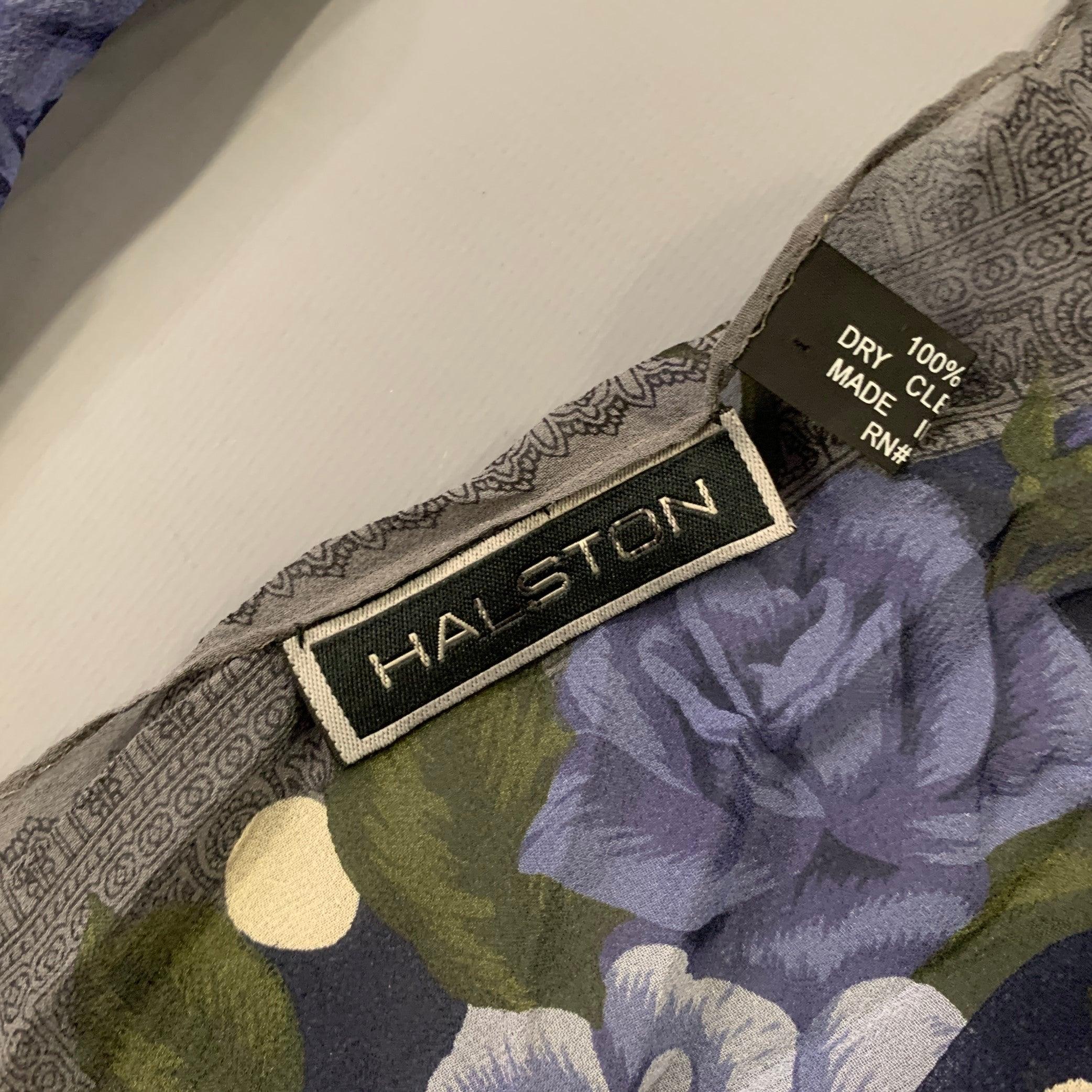 Nero Sciarpa in seta Halston Blue Greene & Greene White Polka Dot Floral Roses in vendita