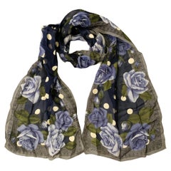 Sciarpa in seta Halston Blue Greene & Greene White Polka Dot Floral Roses