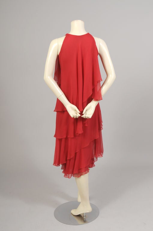 Halston Red Tiered Silk Chiffon Evening Dress, 1970s  In Excellent Condition In New Hope, PA