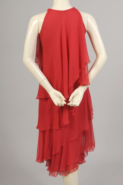 Women's Halston Red Tiered Silk Chiffon Evening Dress, 1970s 