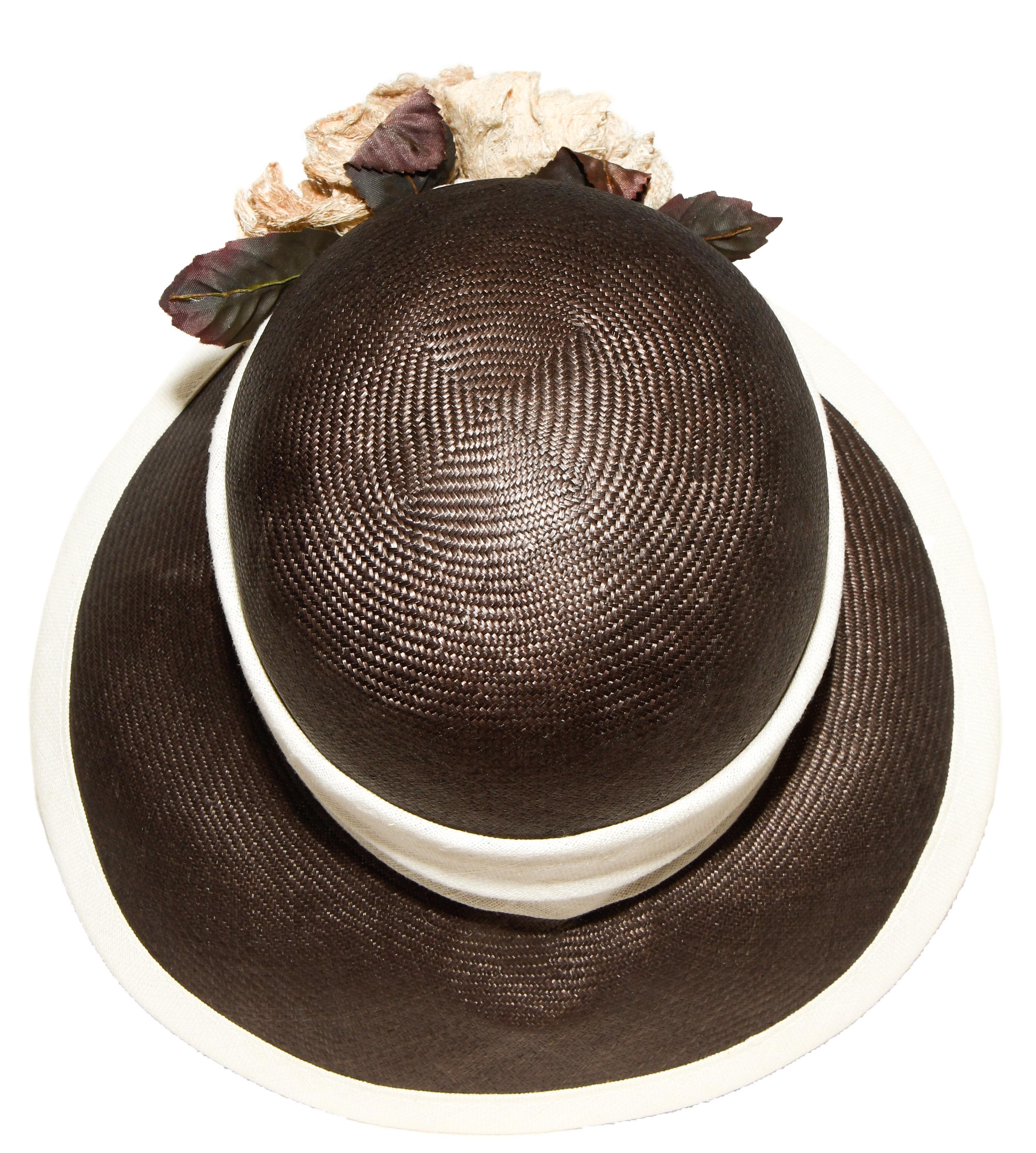 Women's Halston Brown and Beige Hat W/ Beige Linen Band