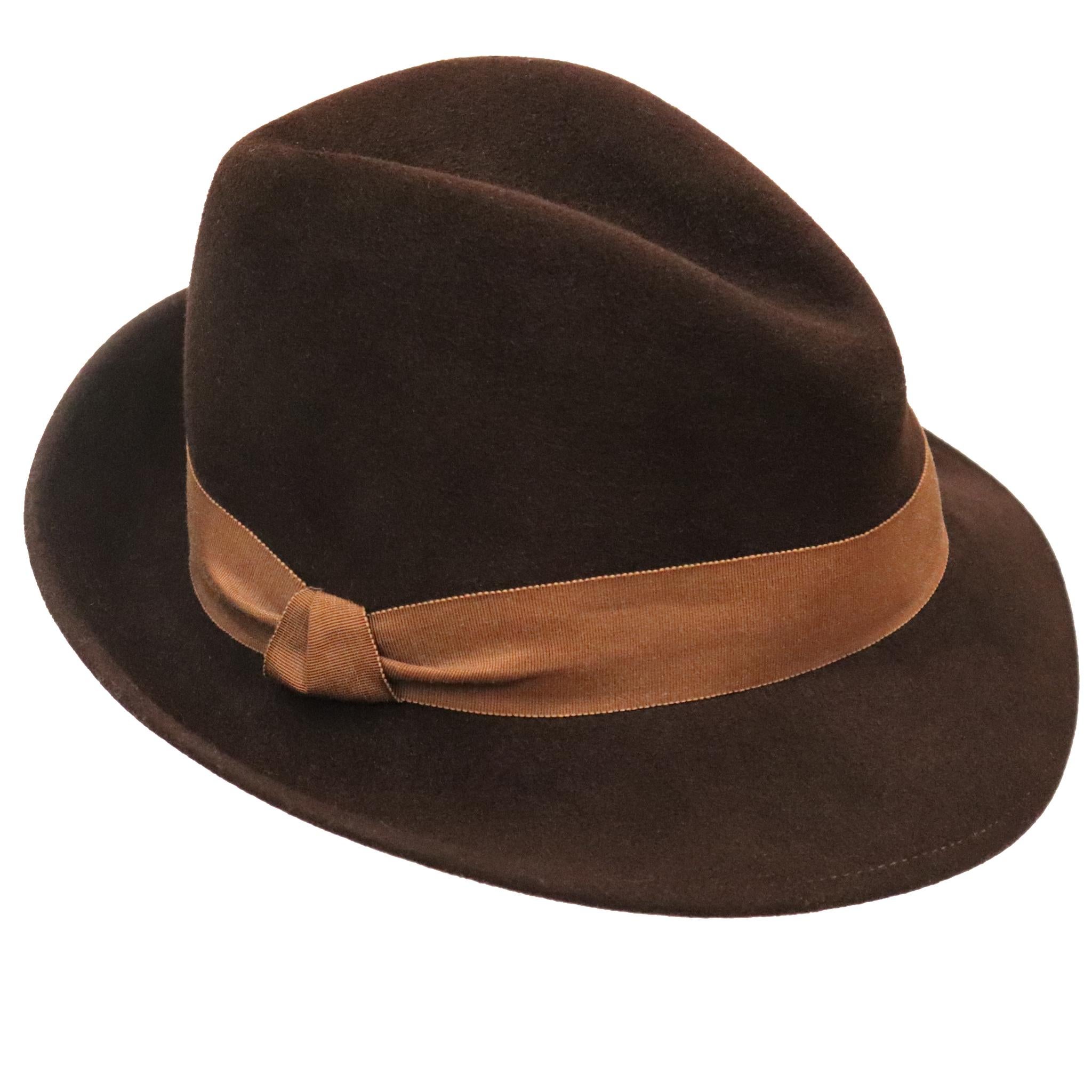 Halston Brown Felt Hat W/ Ribbon Trim Circa 1980s. In excellent condition 