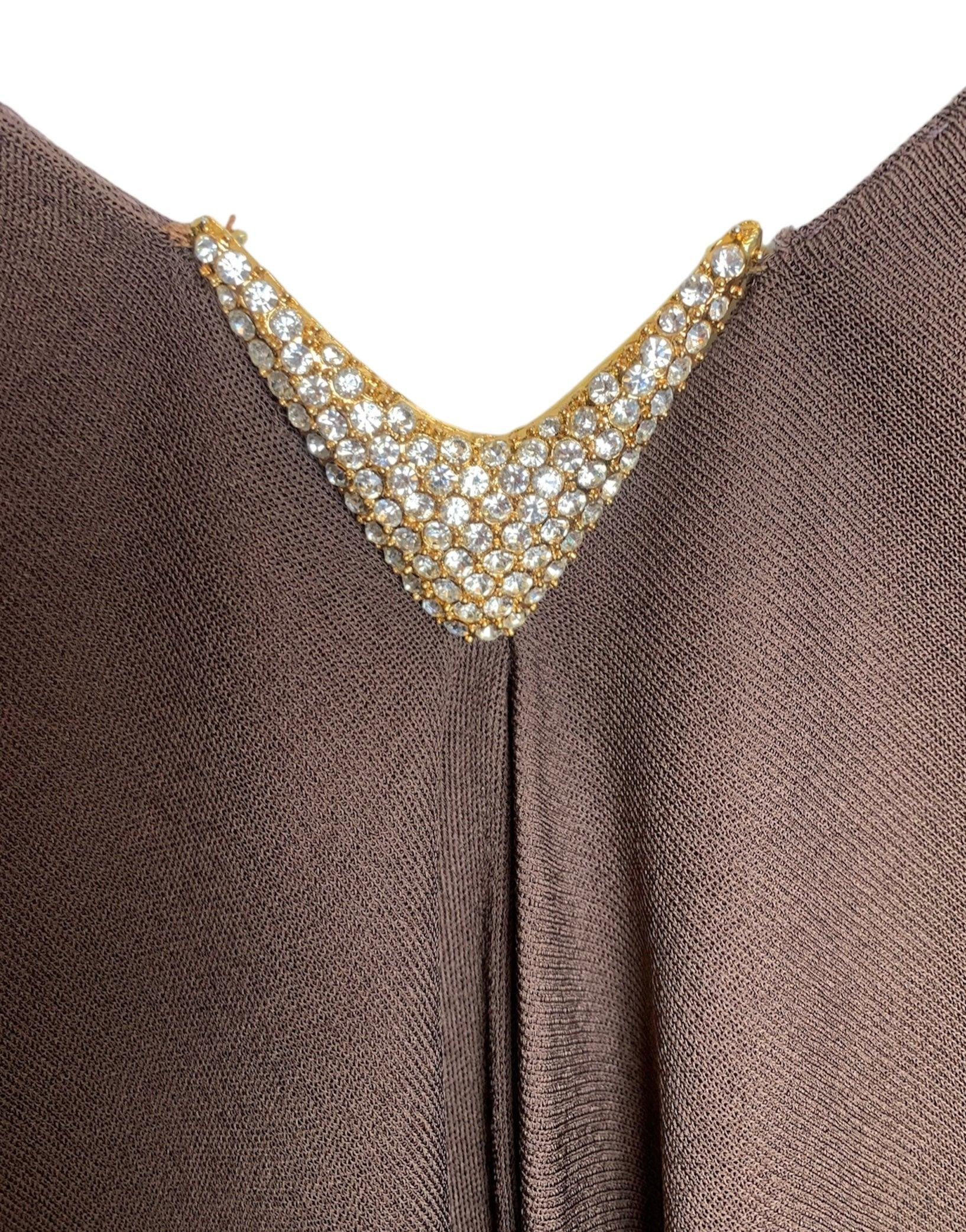 Black Halston Brown Matte Jersey Flutter Capelet Dress, 1970s For Sale