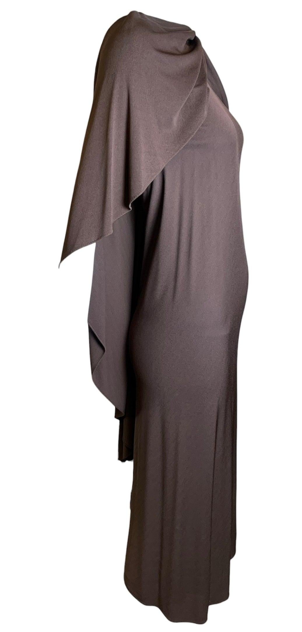 Halston Brown Matte Jersey Flutter Capelet Dress, 1970s In Good Condition For Sale In Los Angeles, CA