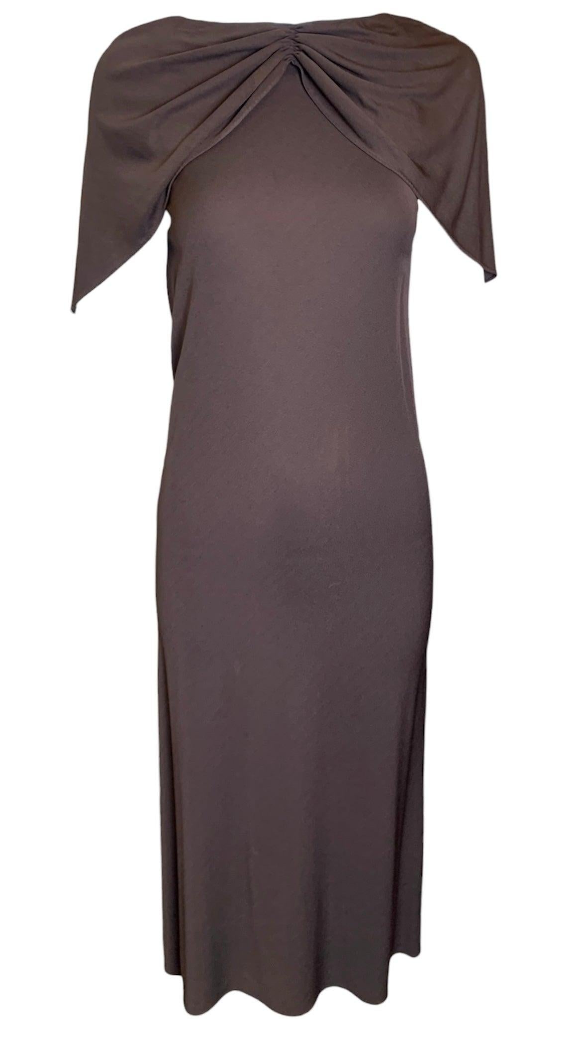 Halston Brown Matte Jersey Flutter Capelet Dress, 1970s For Sale