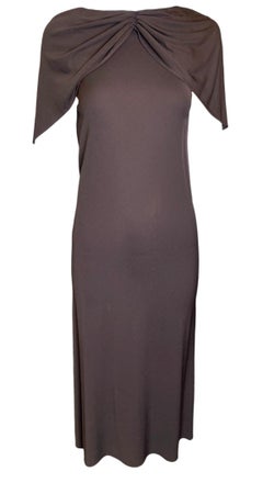 Halston Brown Matte Jersey Flutter Capelet Dress, 1970s