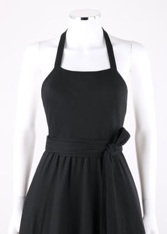 HALSTON c.1970's Black Halter Top Waist Tie Tiered Wrap Tea Length Party Dress