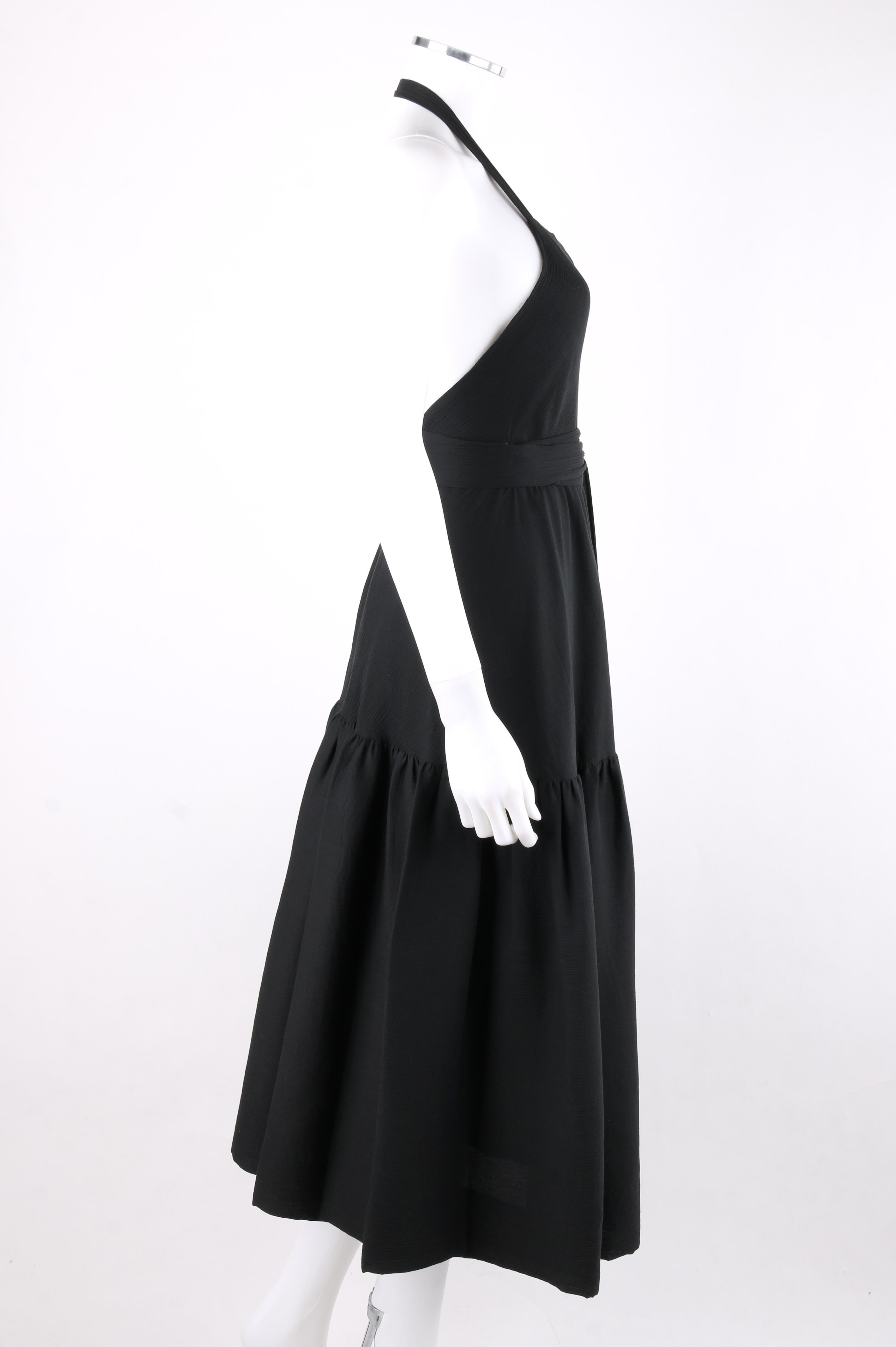 HALSTON c.1970's Black Halter Top Waist Tie Tiered Wrap Tea Length Party Dress In Excellent Condition In Thiensville, WI
