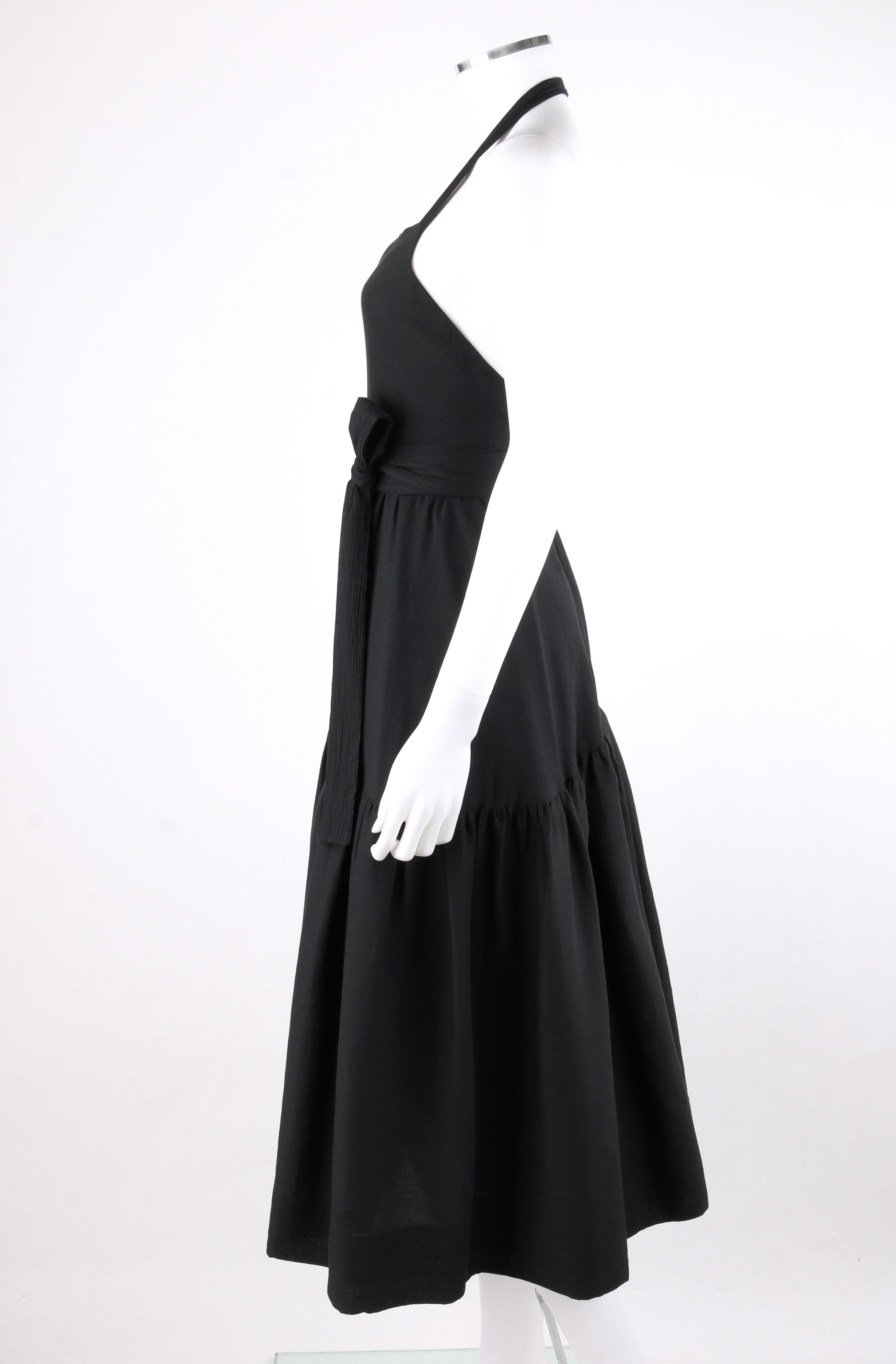 HALSTON c.1970's Black Halter Top Waist Tie Tiered Wrap Tea Length Party Dress 1