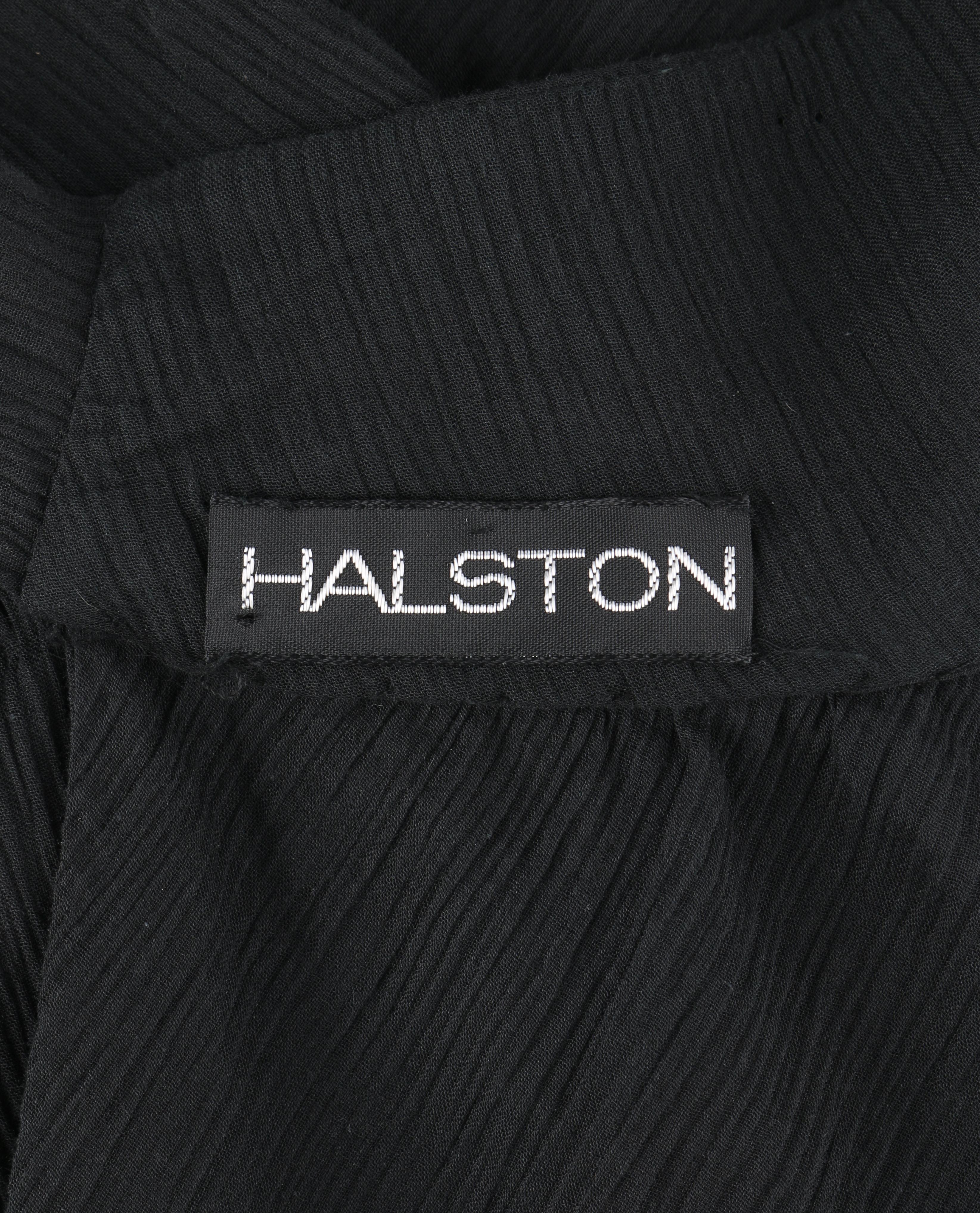 HALSTON c.1970's Black Halter Top Waist Tie Tiered Wrap Tea Length Party Dress 2