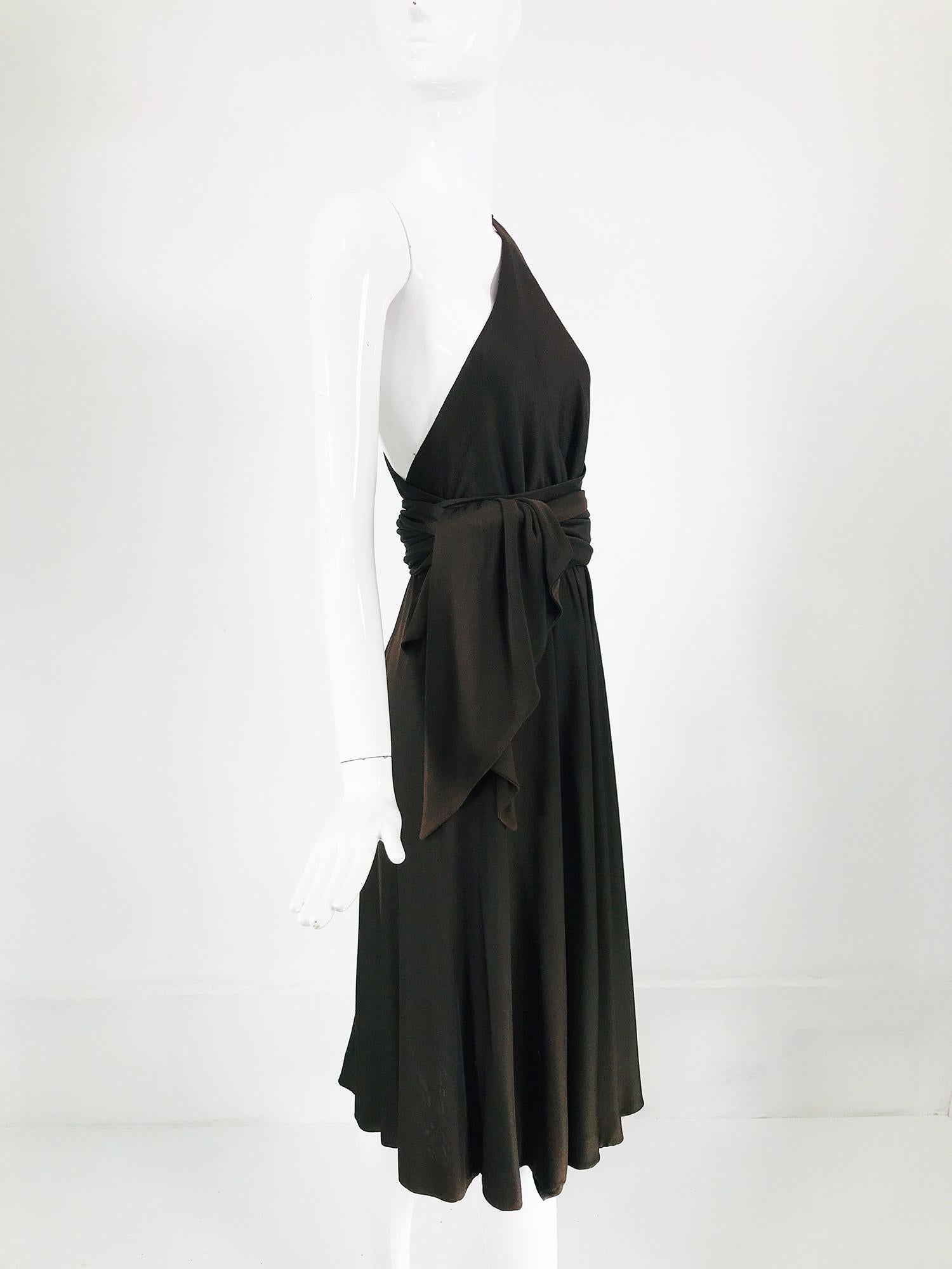 Halston Chocolate Brown Silk Jersey Bias One Shoulder Wrap & Tie Bodice 1970s 6