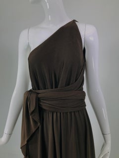 Halston Chocolate Brown Silk Jersey Bias One Shoulder Wrap & Tie Bodice 1970s