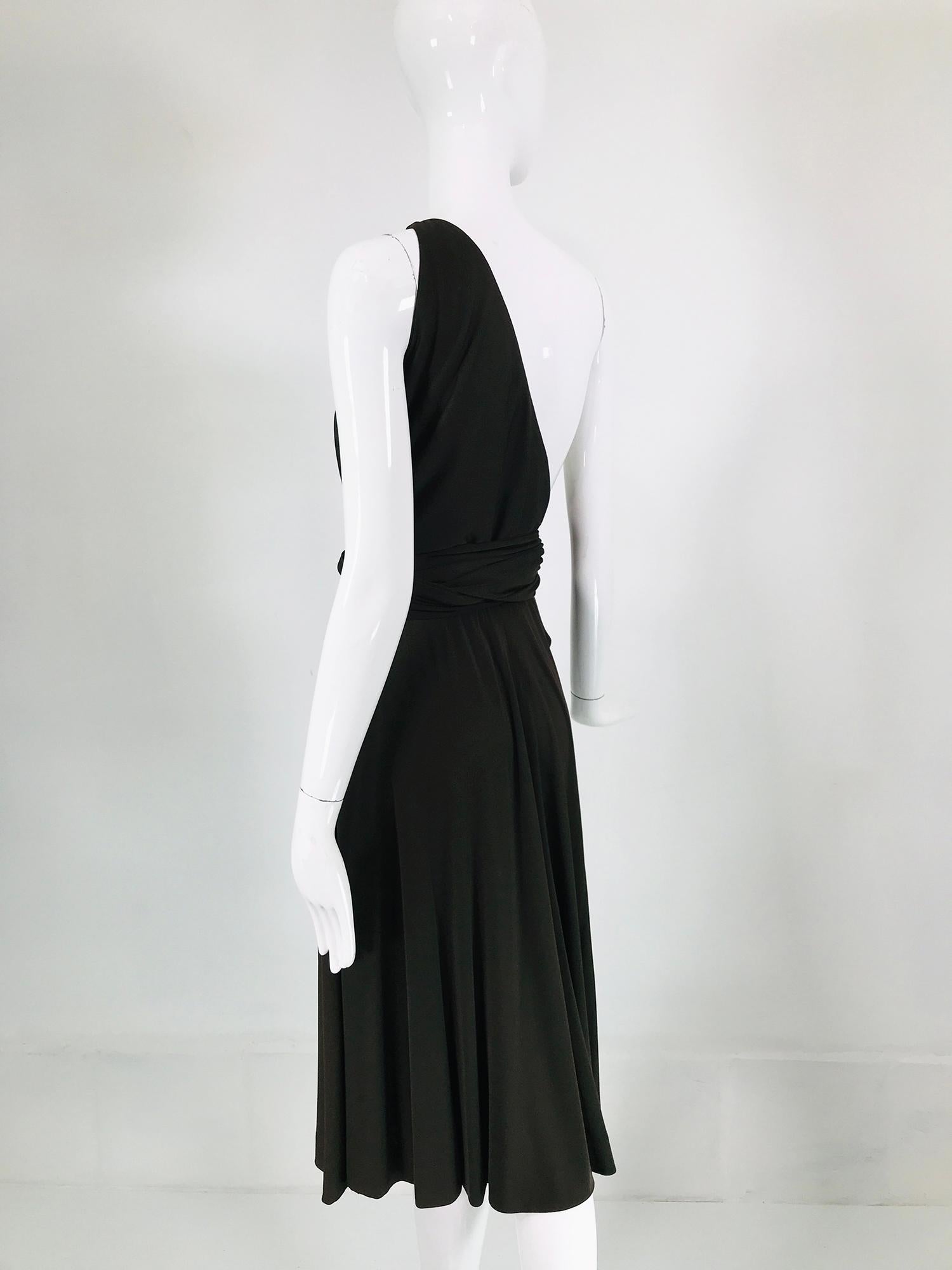 Women's Halston Chocolate Brown Silk Jersey Bias One Shoulder Wrap & Tie Bodice 1970s