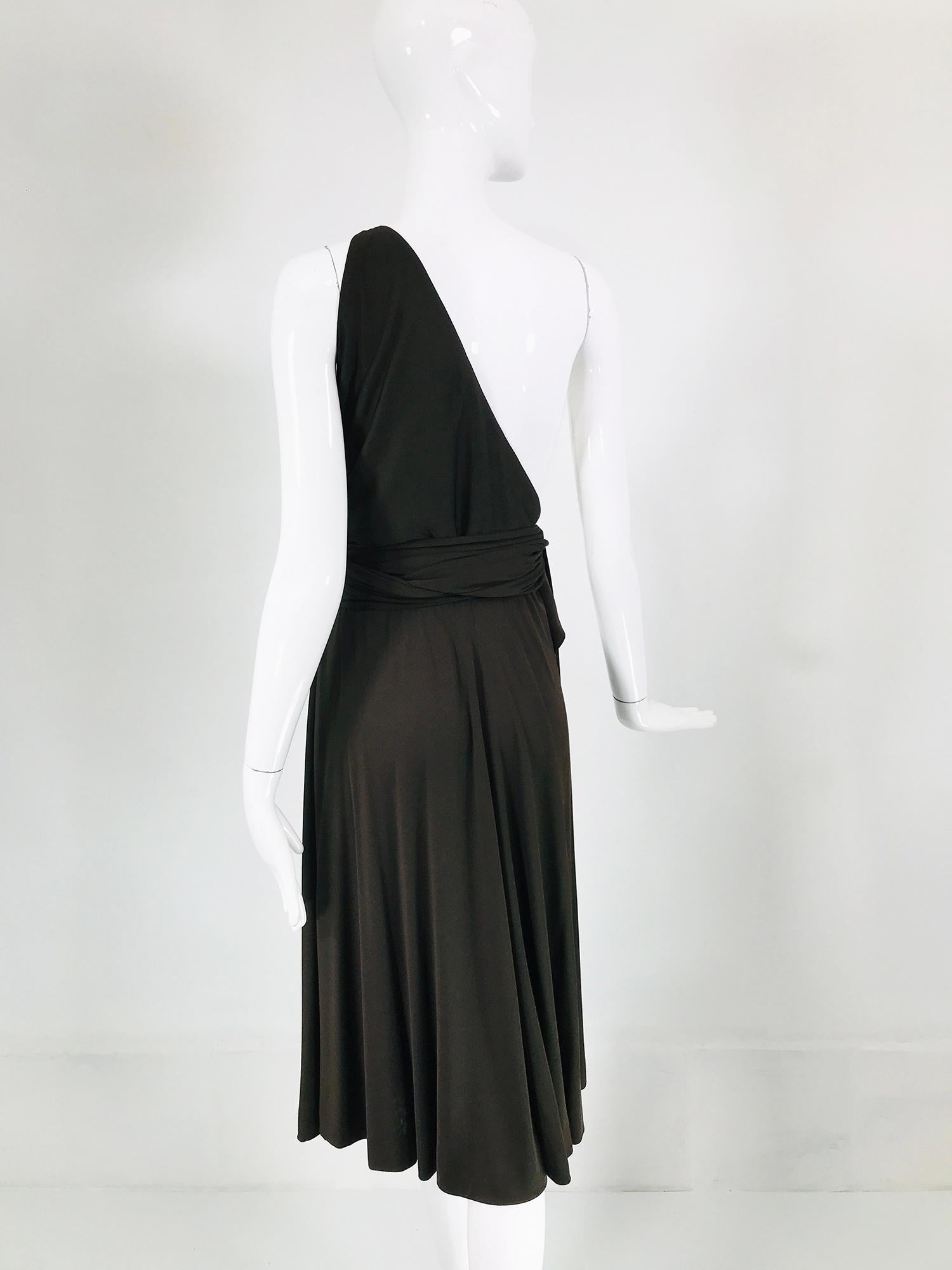 Halston Chocolate Brown Silk Jersey Bias One Shoulder Wrap & Tie Bodice 1970s 1