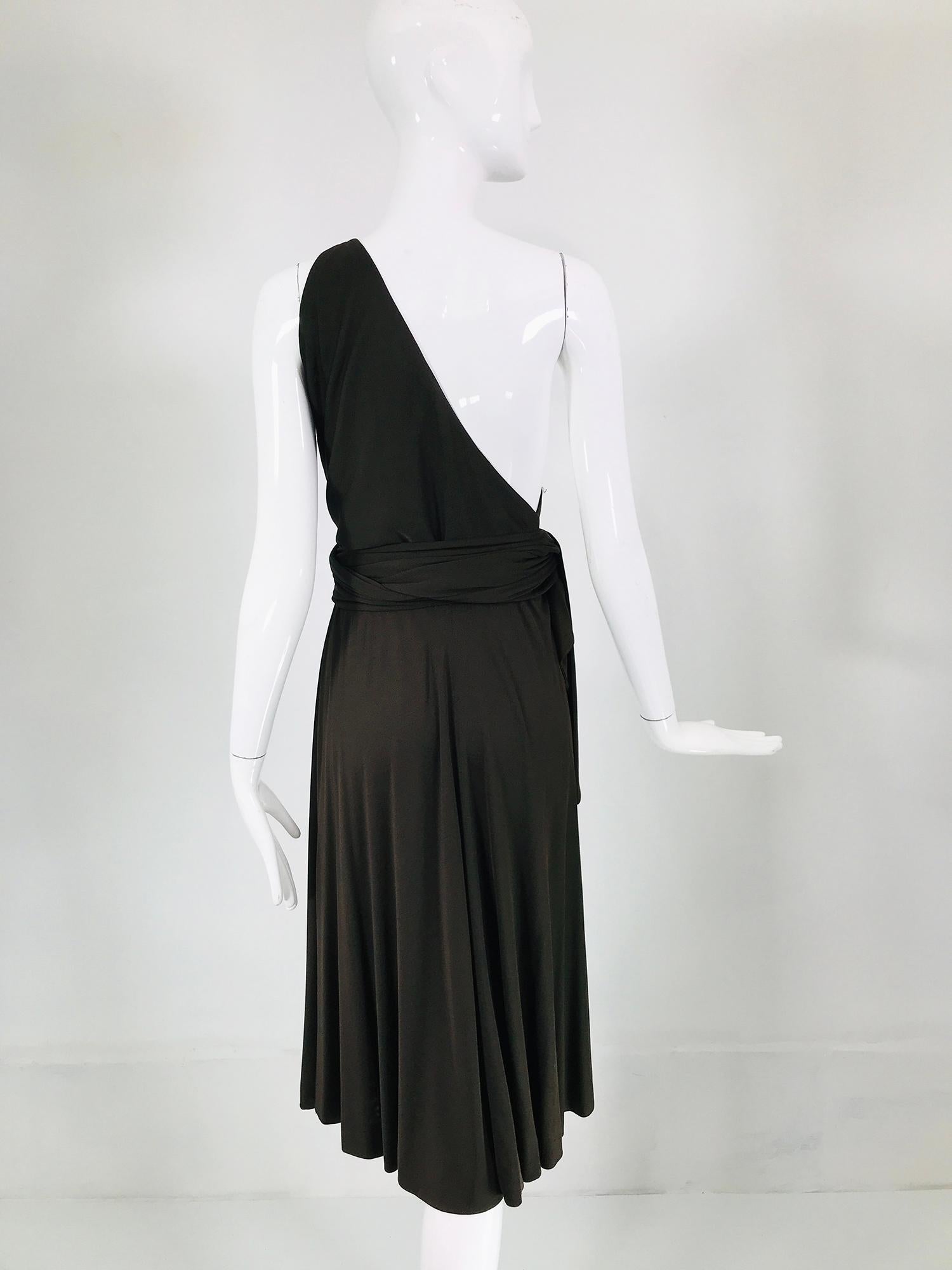 Halston Chocolate Brown Silk Jersey Bias One Shoulder Wrap & Tie Bodice 1970s 2