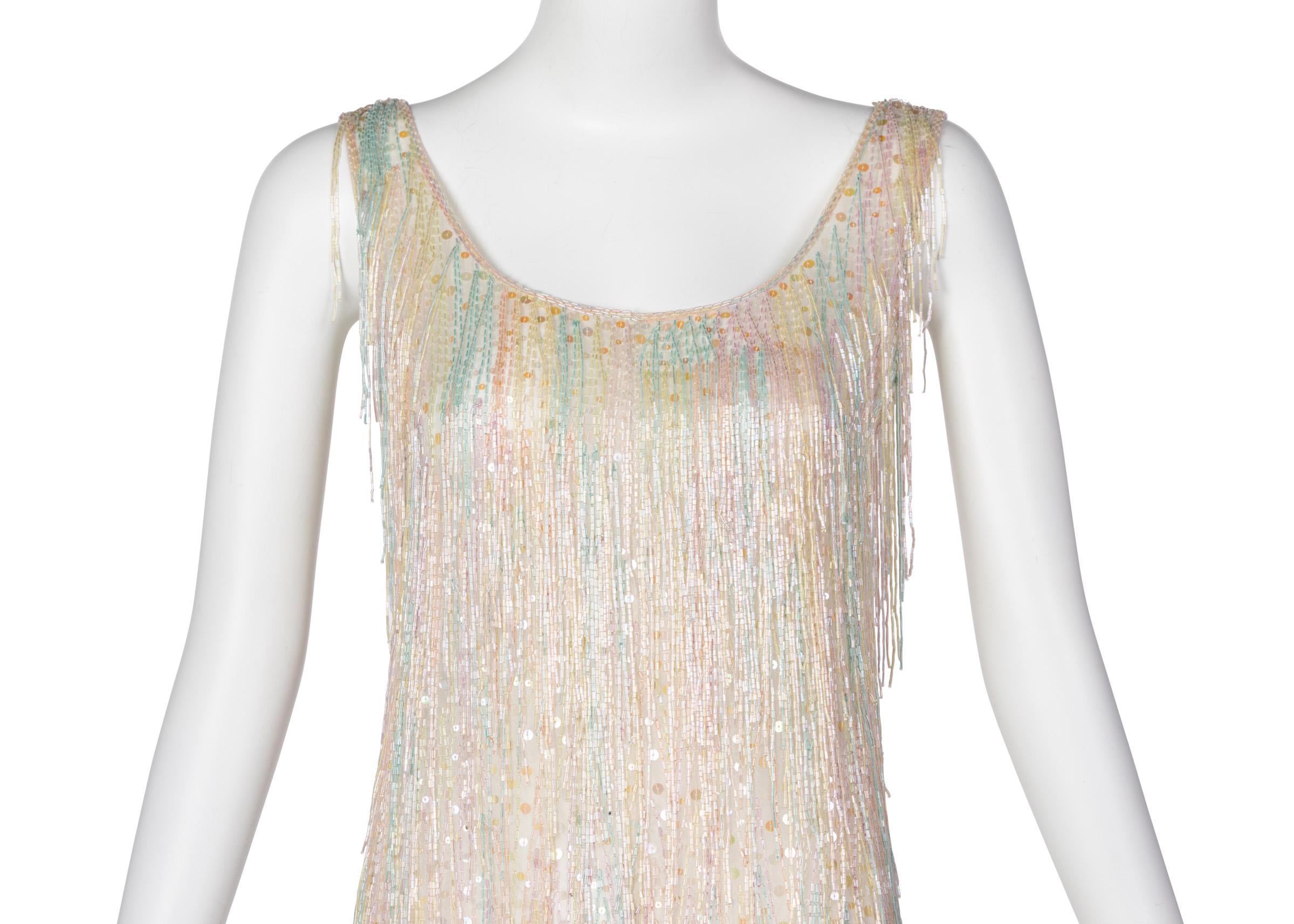 Beige Halston Couture Pastel Rainbow Hand Beaded -Sequin Silk Dress Gown, 1970s