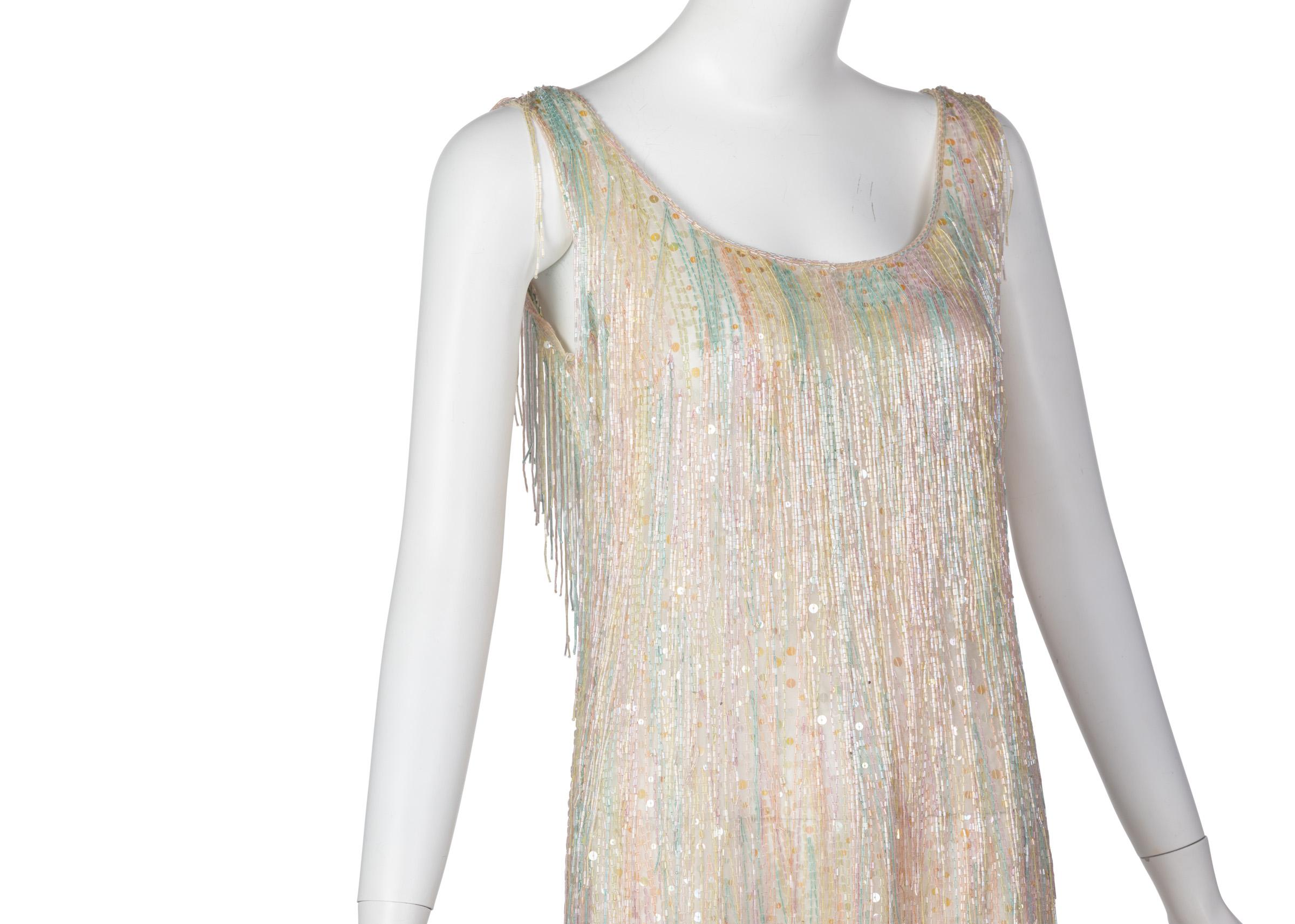 Halston Couture Pastel Rainbow Hand Beaded -Sequin Silk Dress Gown, 1970s In Excellent Condition In Boca Raton, FL