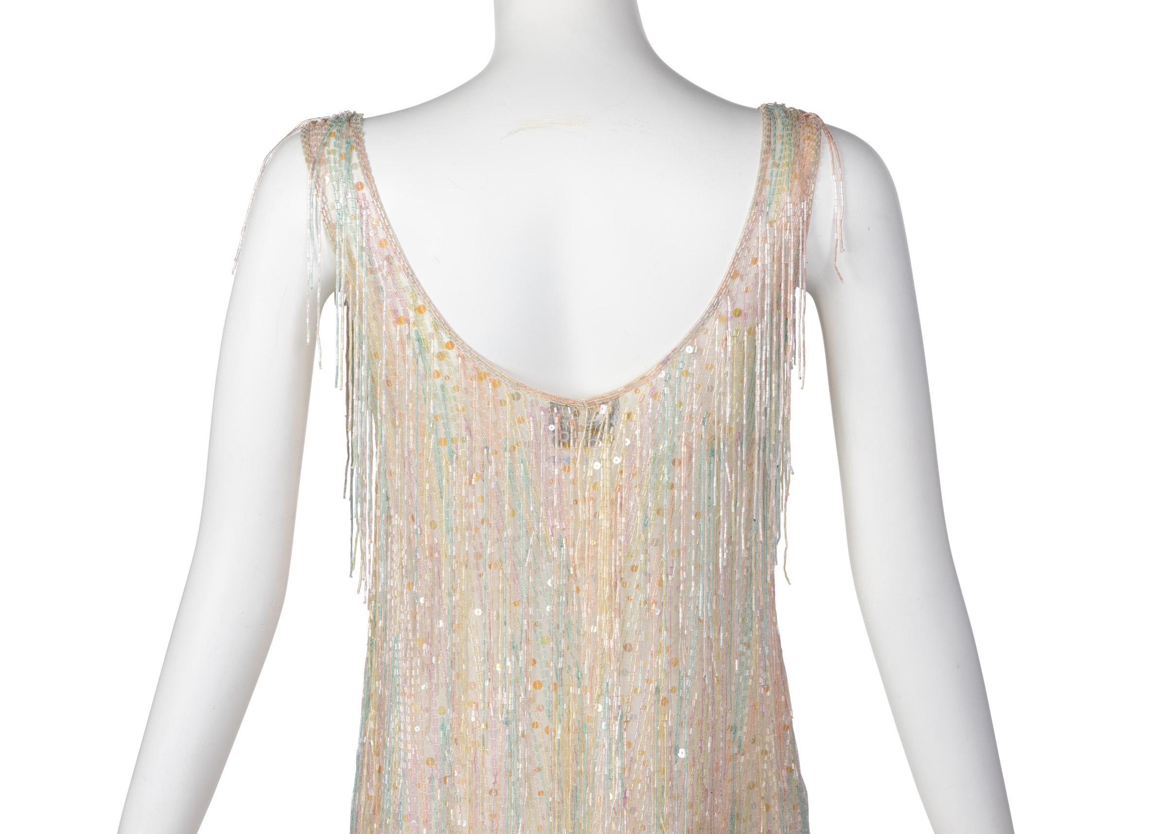 Women's Halston Couture Pastel Rainbow Hand Beaded -Sequin Silk Dress Gown, 1970s