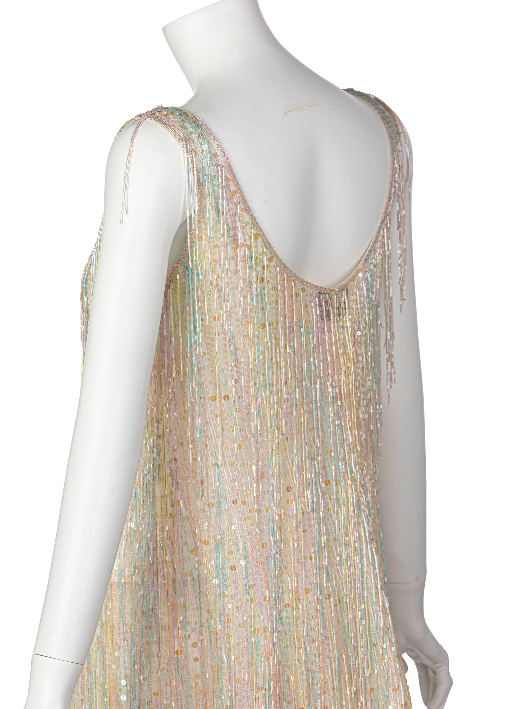 Halston Couture Pastel Rainbow Hand Beaded -Sequin Silk Dress Gown, 1970s 1