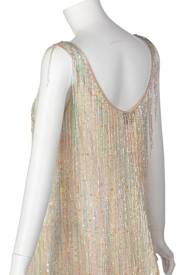 Halston Couture Pastel Rainbow Hand Beaded -Sequin Silk Dress Gown