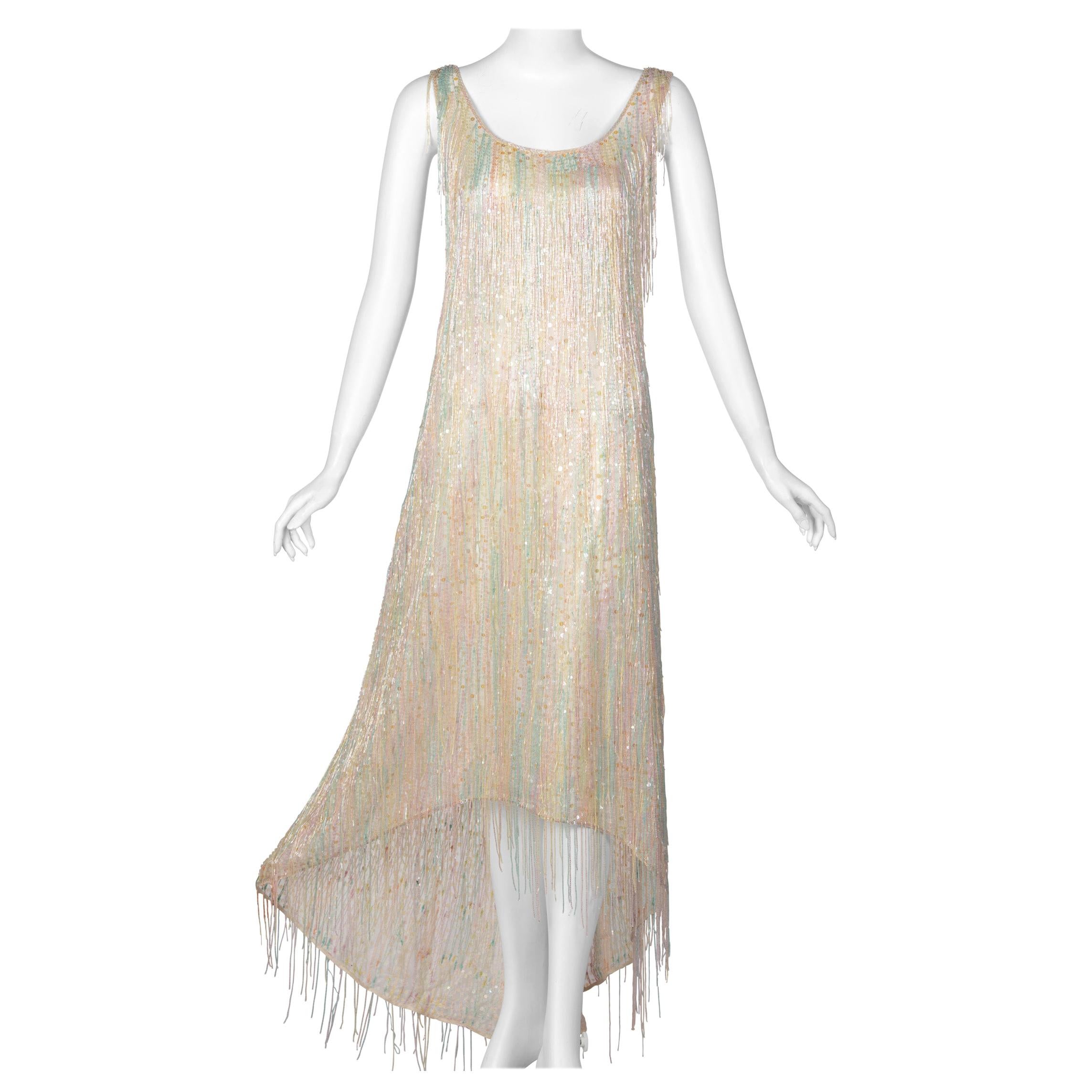 Halston Couture Pastel Rainbow Hand Beaded -Sequin Silk Dress Gown, 1970s