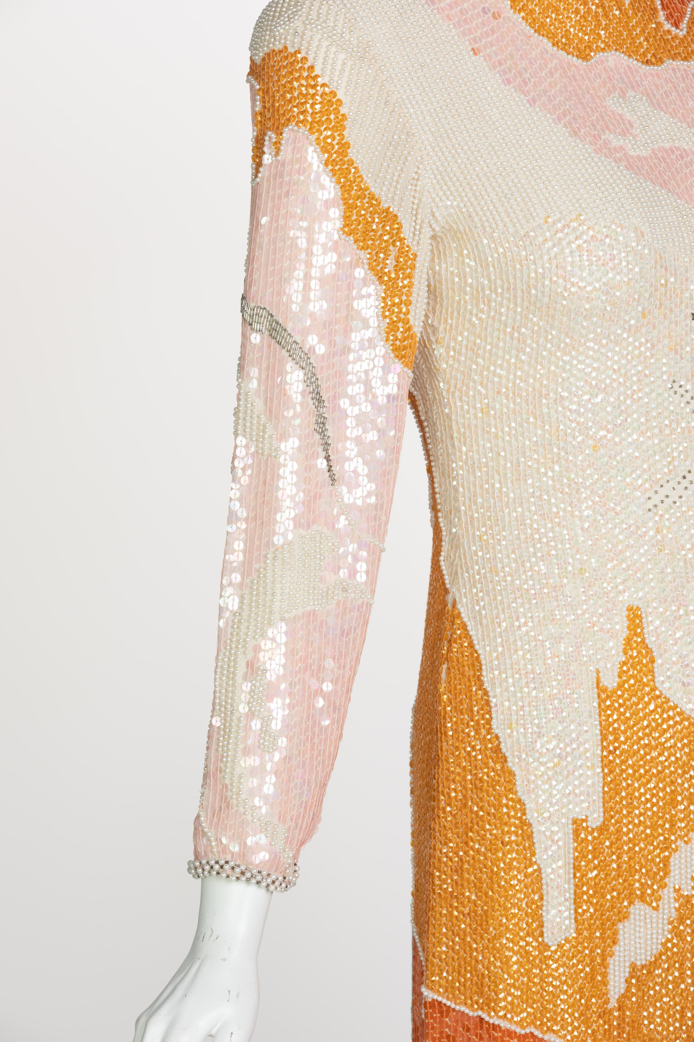 Halston Couture Sequin Pearl Beaded Sunset Colors Dress Documented, 1980s 8
