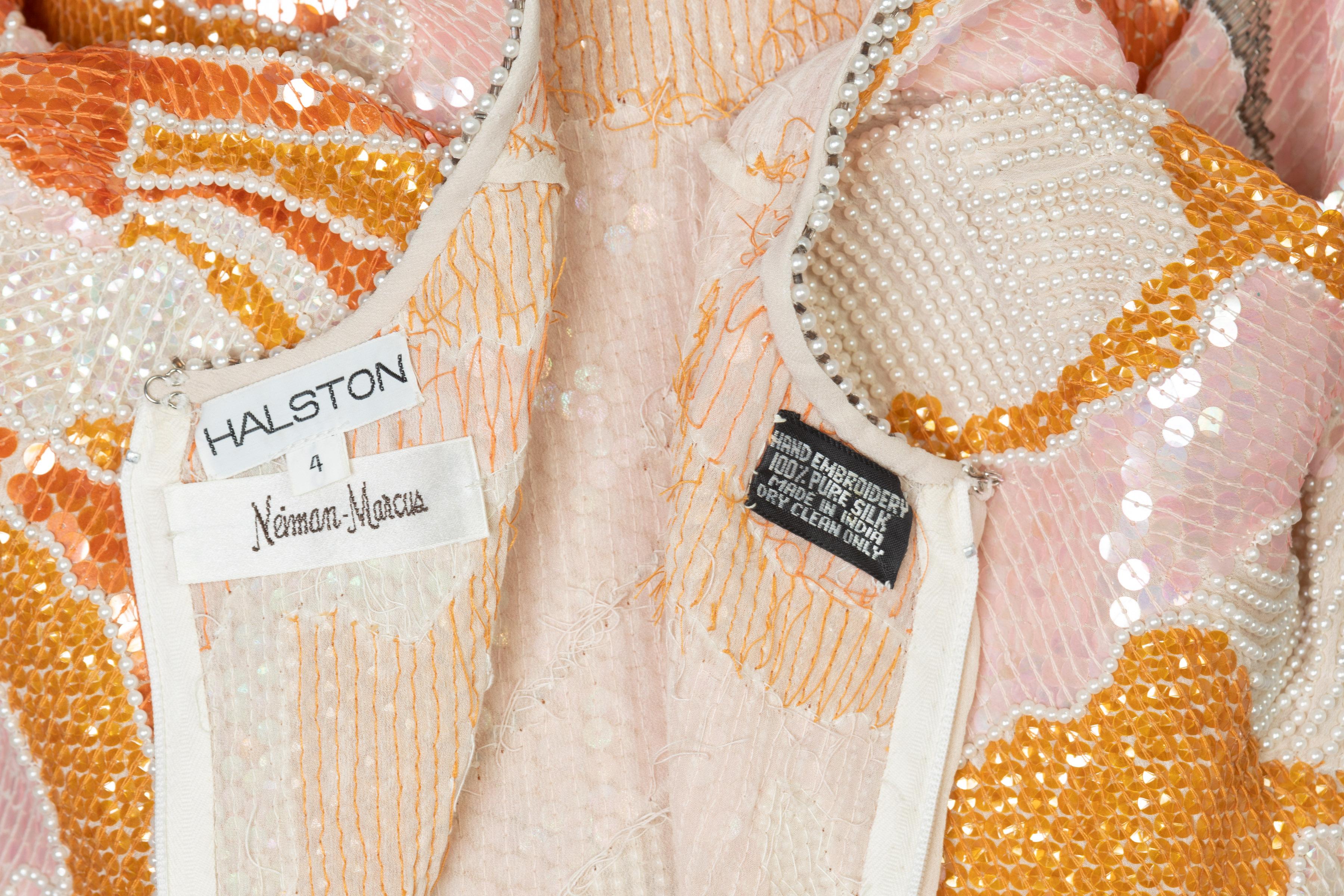 Halston Couture Sequin Pearl Beaded Sunset Colors Dress Documented, 1980s 9