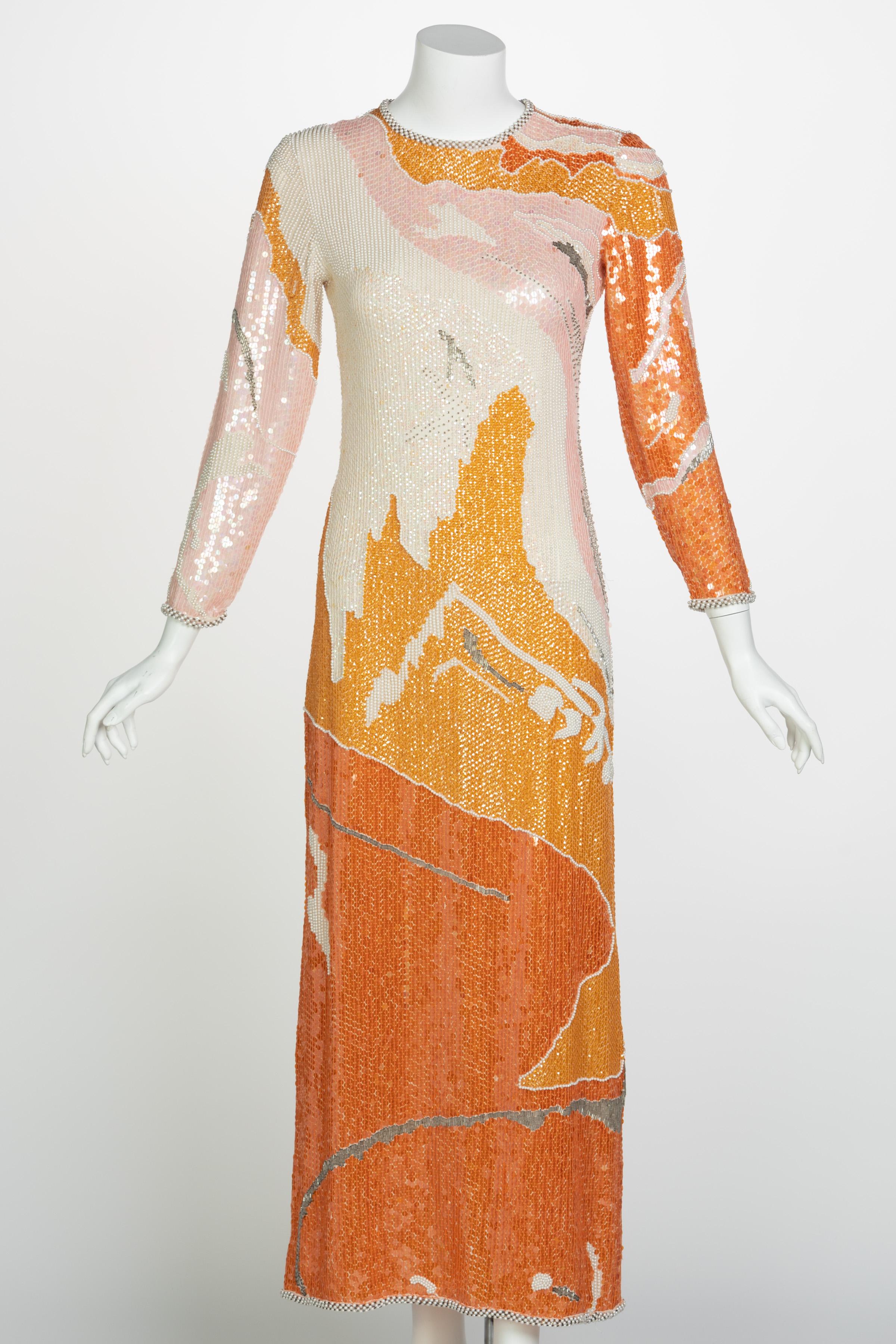 Orange Halston Couture Sequin Pearl Beaded Sunset Colors Dress Documented, 1980s