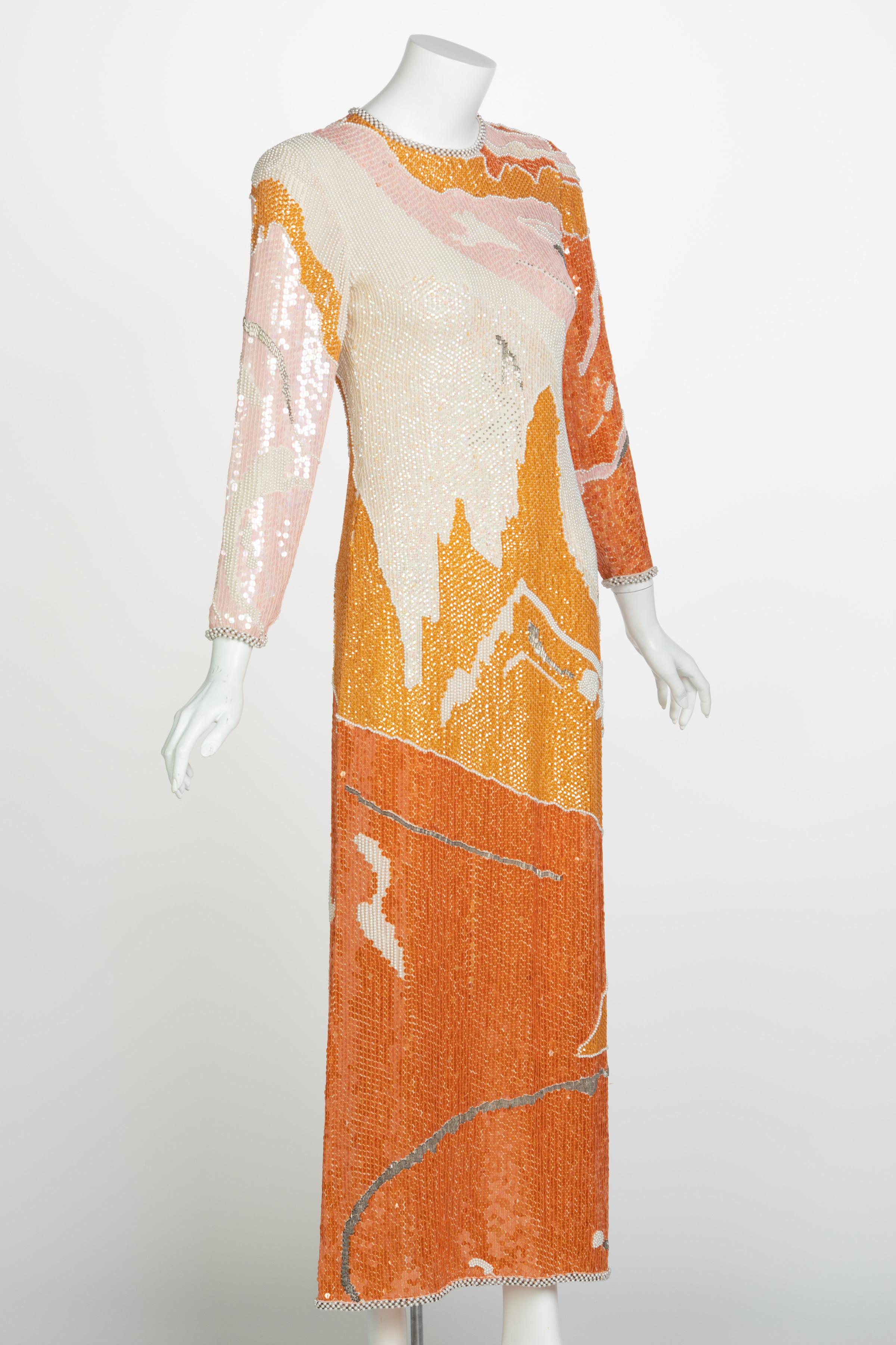 Halston Couture Sequin Pearl Beaded Sunset Colors Dress Documented, 1980s In Excellent Condition In Boca Raton, FL
