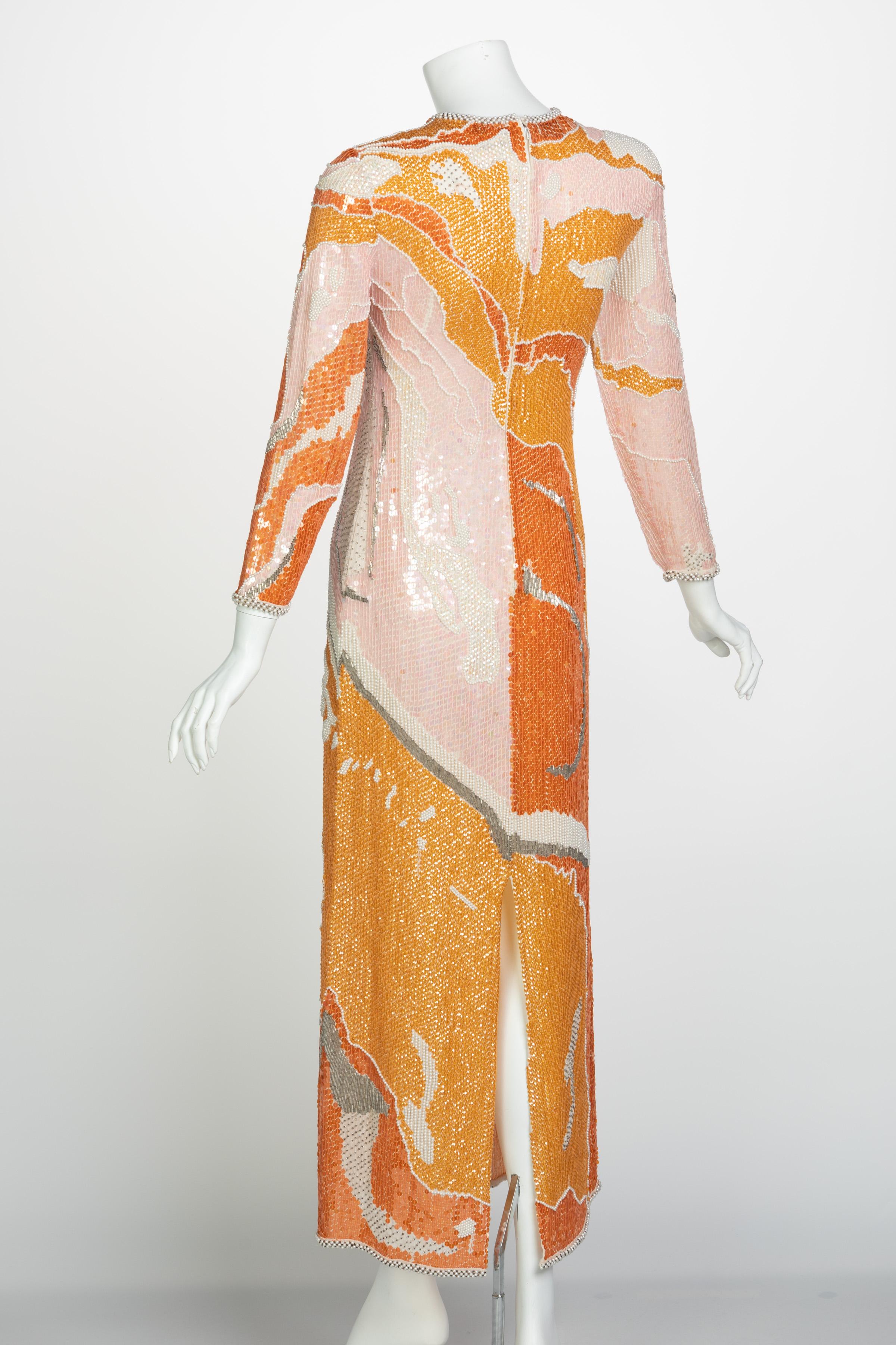 Women's Halston Couture Sequin Pearl Beaded Sunset Colors Dress Documented, 1980s