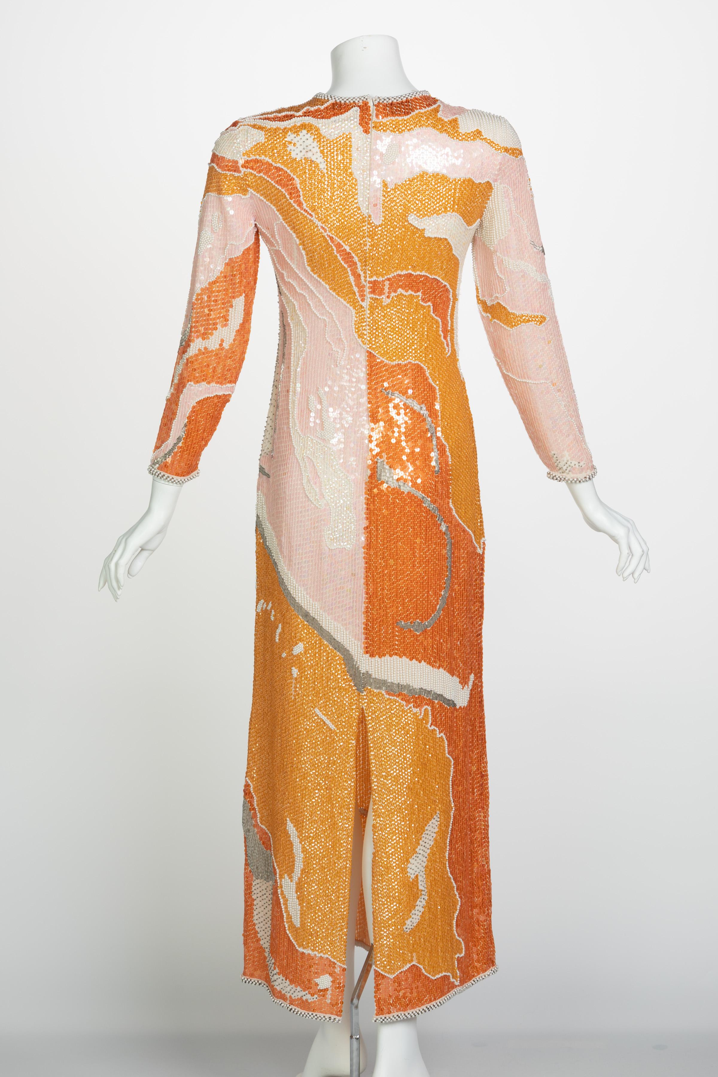 Halston Couture Sequin Pearl Beaded Sunset Colors Dress Documented, 1980s 1