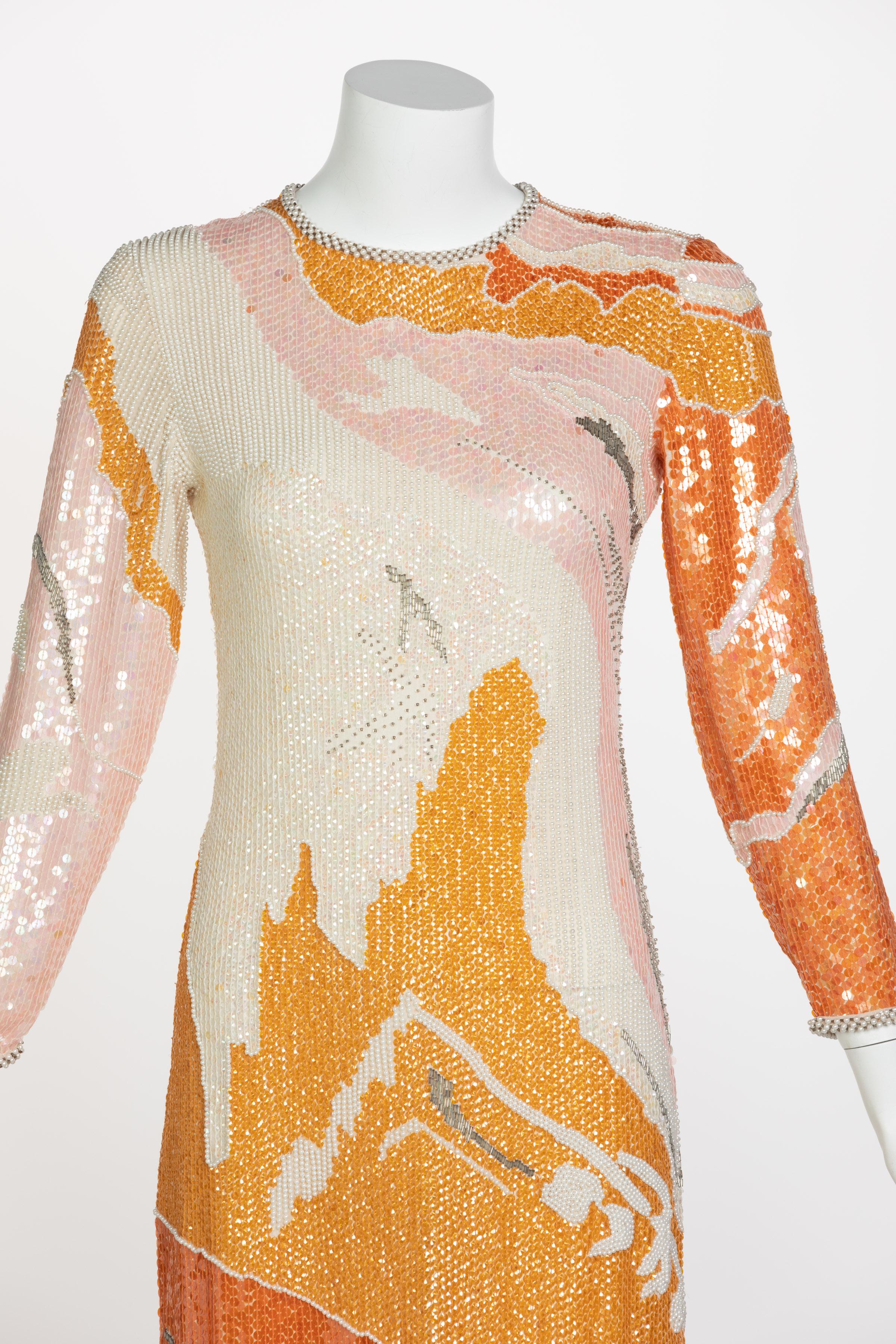 Halston Couture Sequin Pearl Beaded Sunset Colors Dress Documented, 1980s 2
