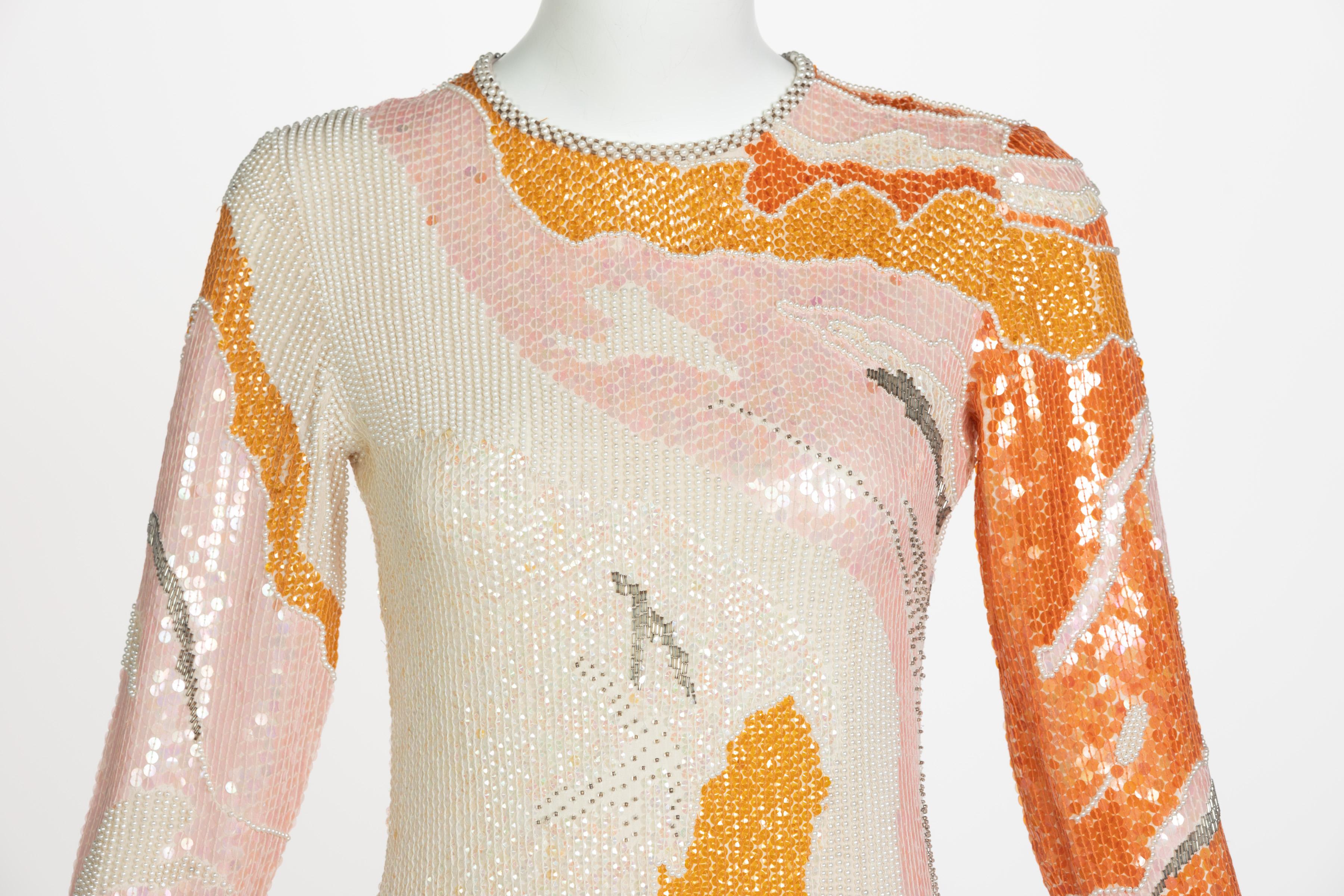 Halston Couture Sequin Pearl Beaded Sunset Colors Dress Documented, 1980s 3
