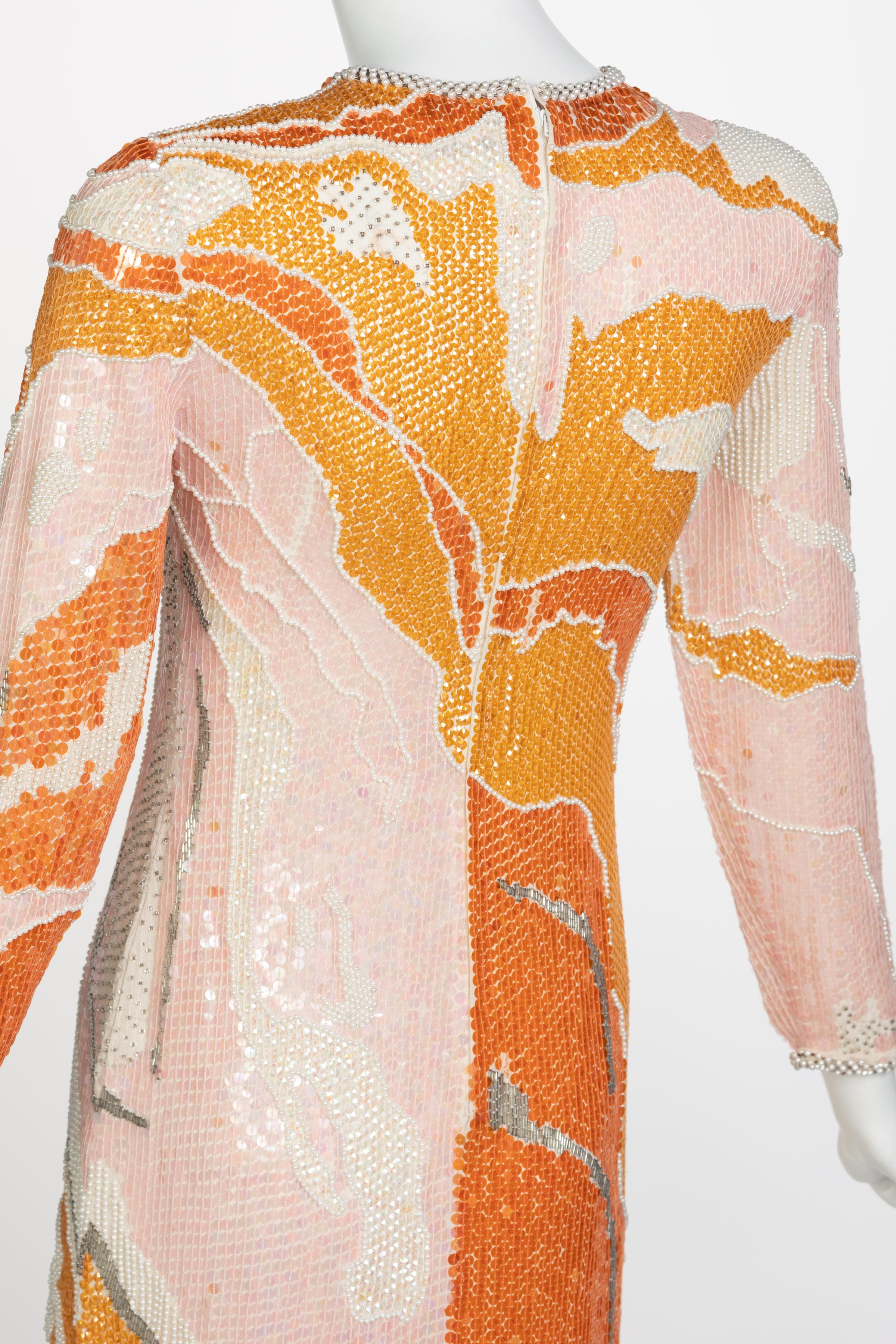 Halston Couture Sequin Pearl Beaded Sunset Colors Dress Documented, 1980s 4