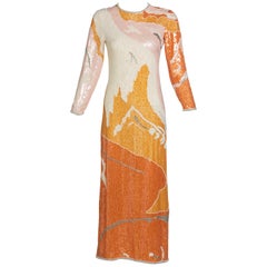 Vintage Halston Couture Sequin Pearl Beaded Sunset Colors Dress Documented, 1980s