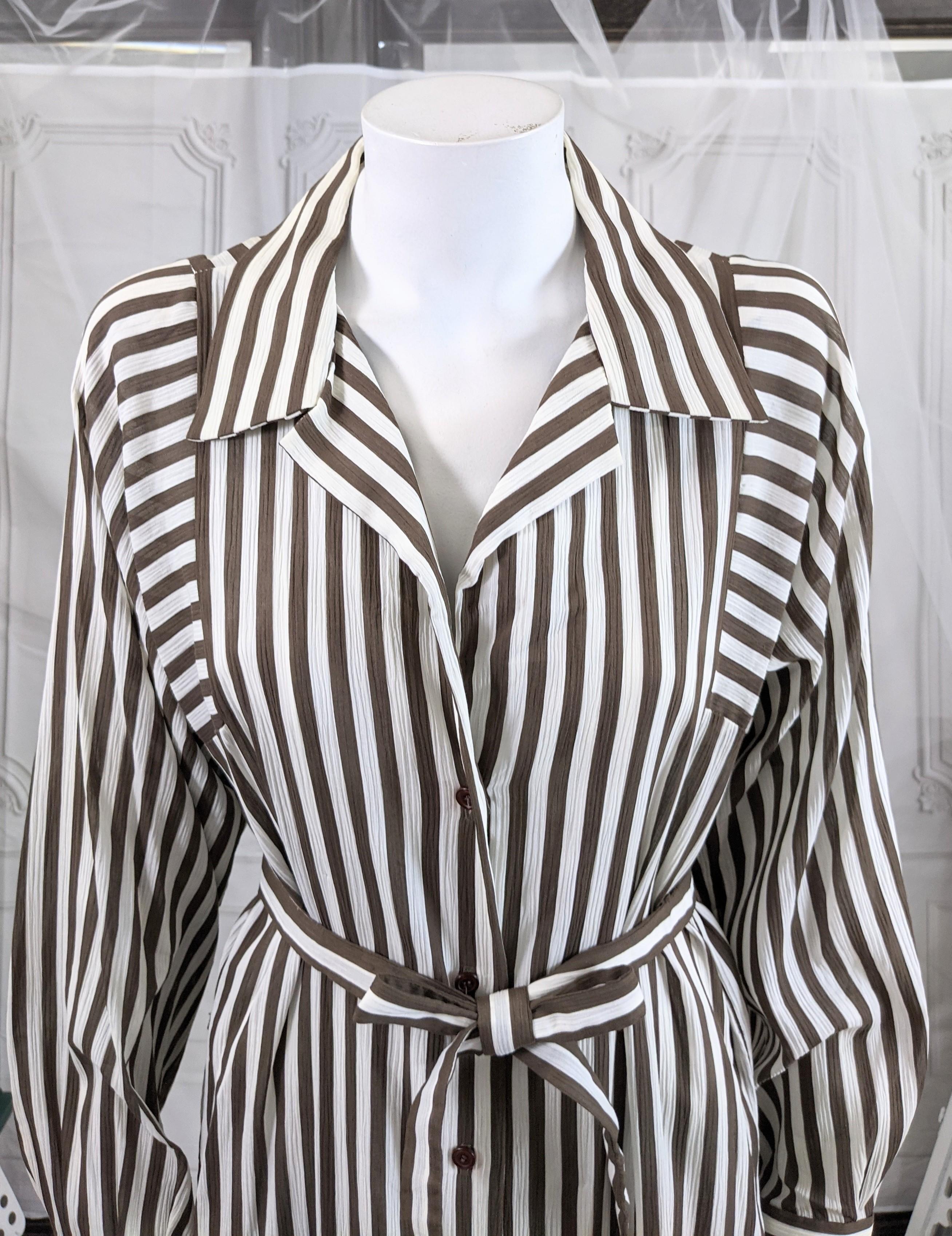 Gray Halston Crinkle Cotton Striped Day Dress For Sale