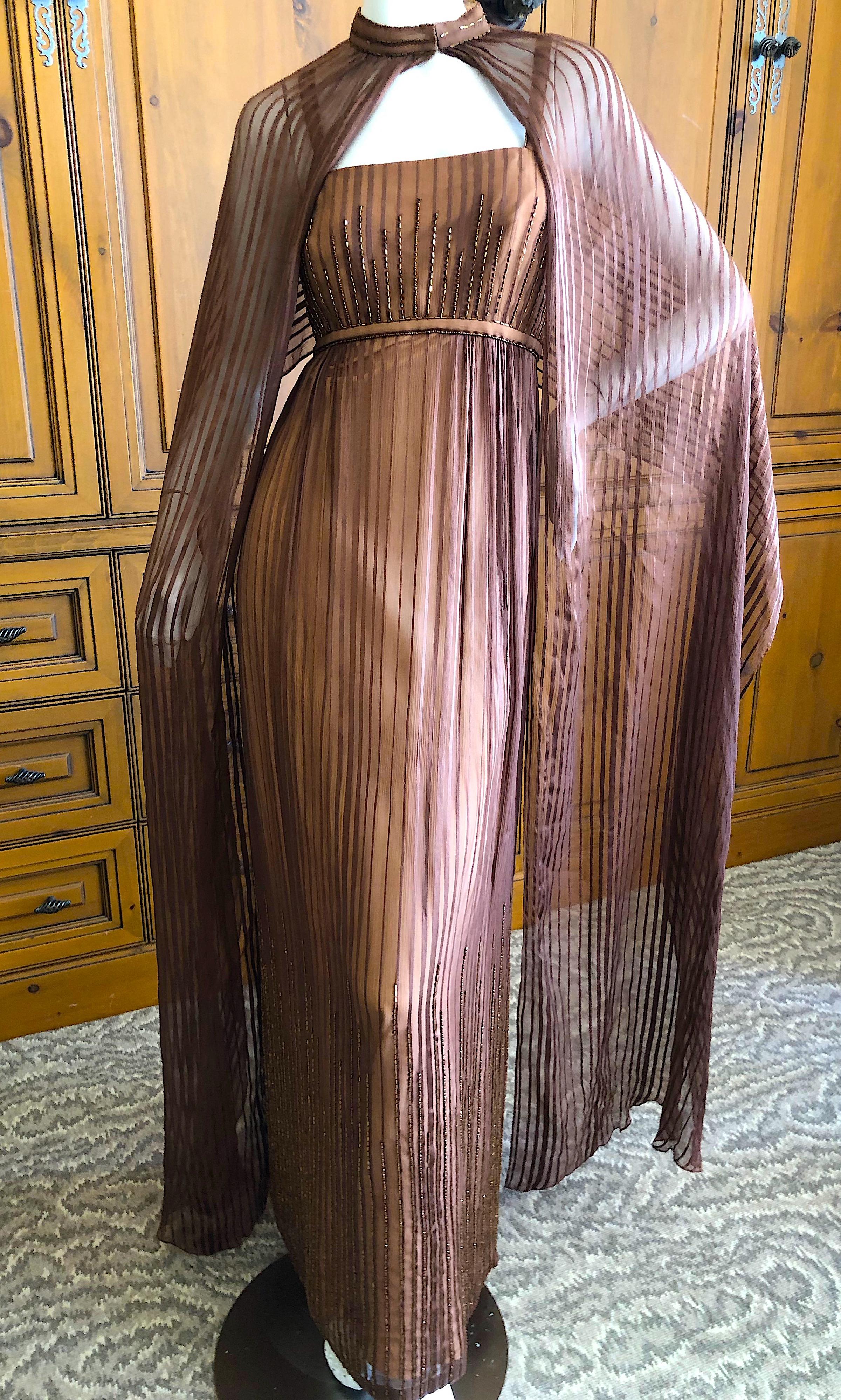 Brown Halston for Martha Park Ave 1970's Beaded Chiffon Empire Dress with Collar Cape