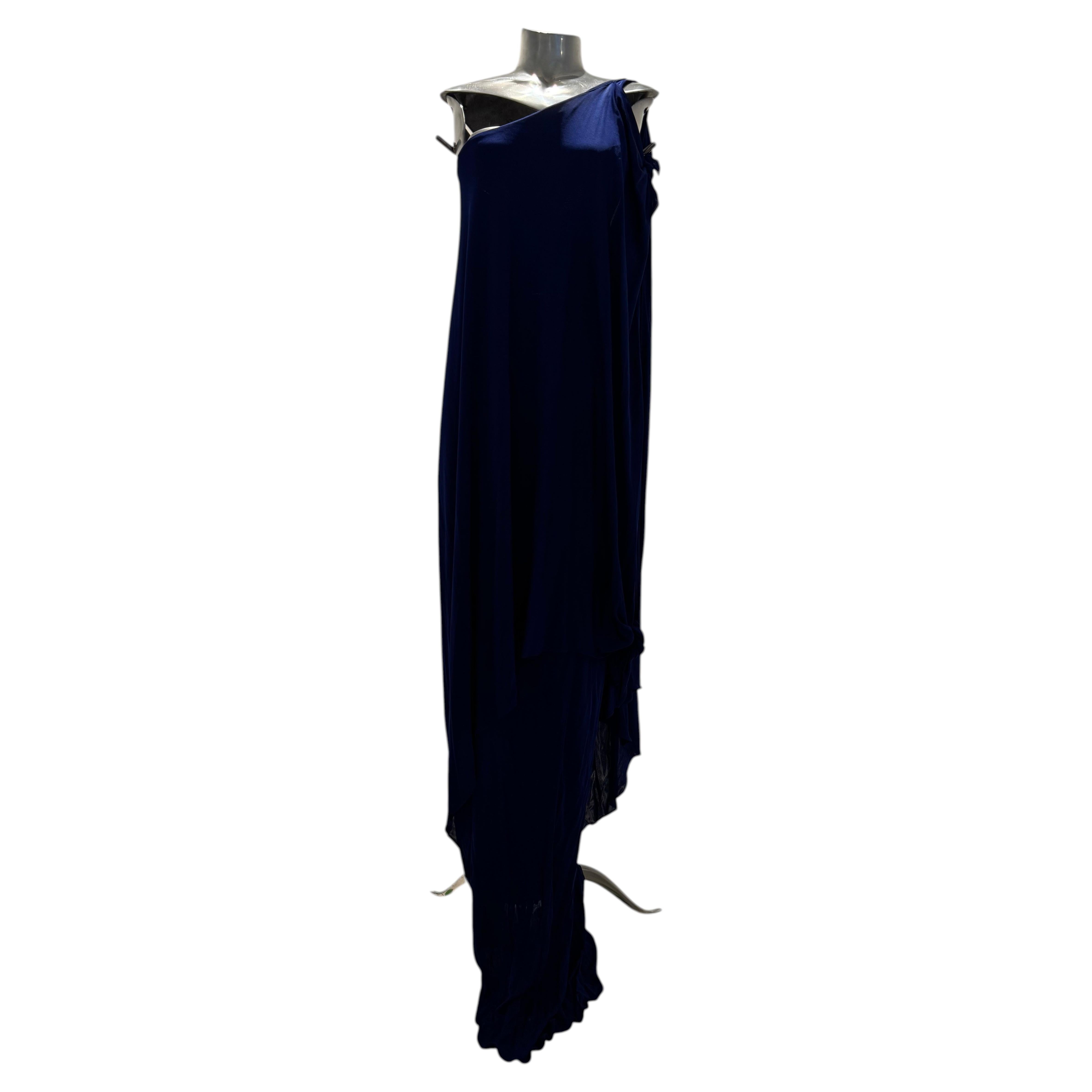 Pre-owned Halston Fw 2009 Navy Jersey One Shoulder Dress In Blue