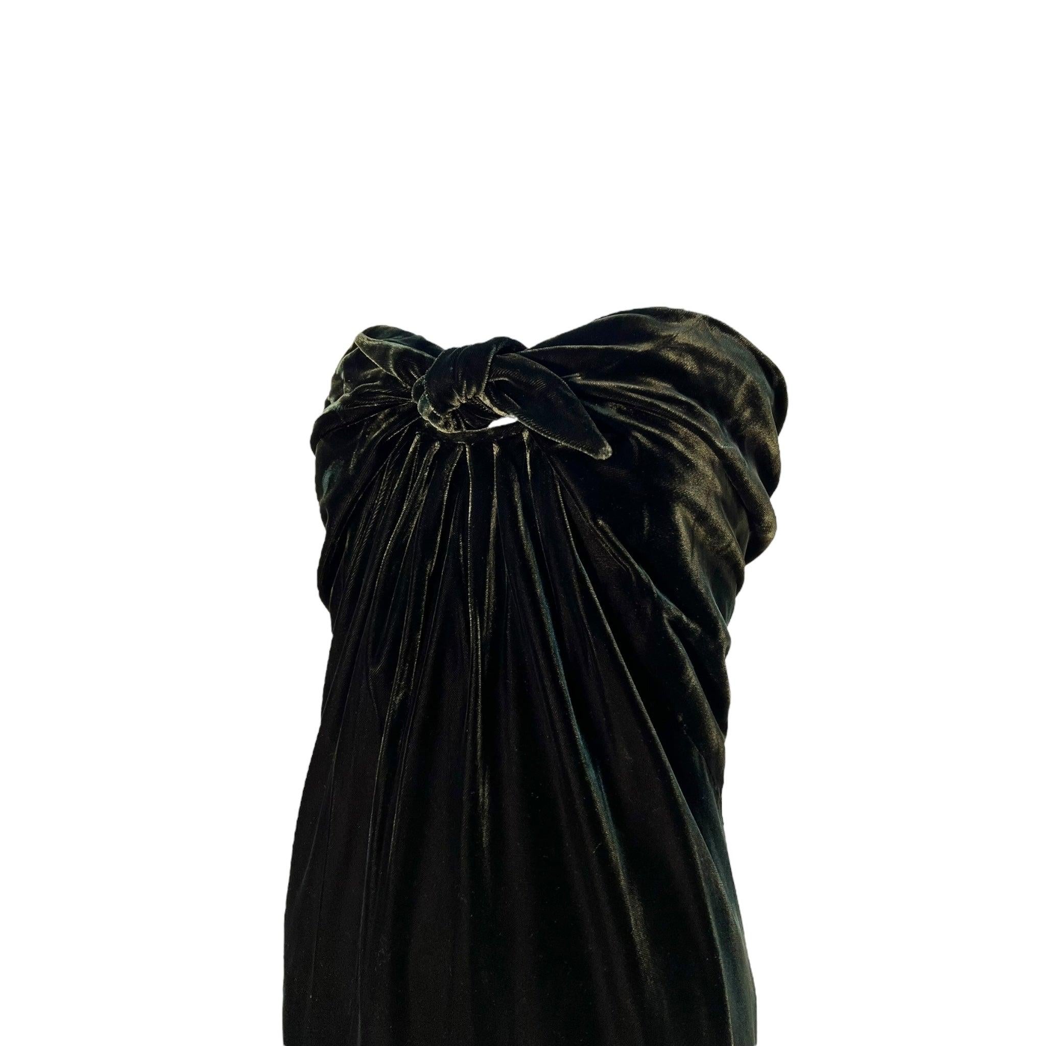 Black Halston Green Velvet Strapless Sarong Tie Gown, 1976 For Sale